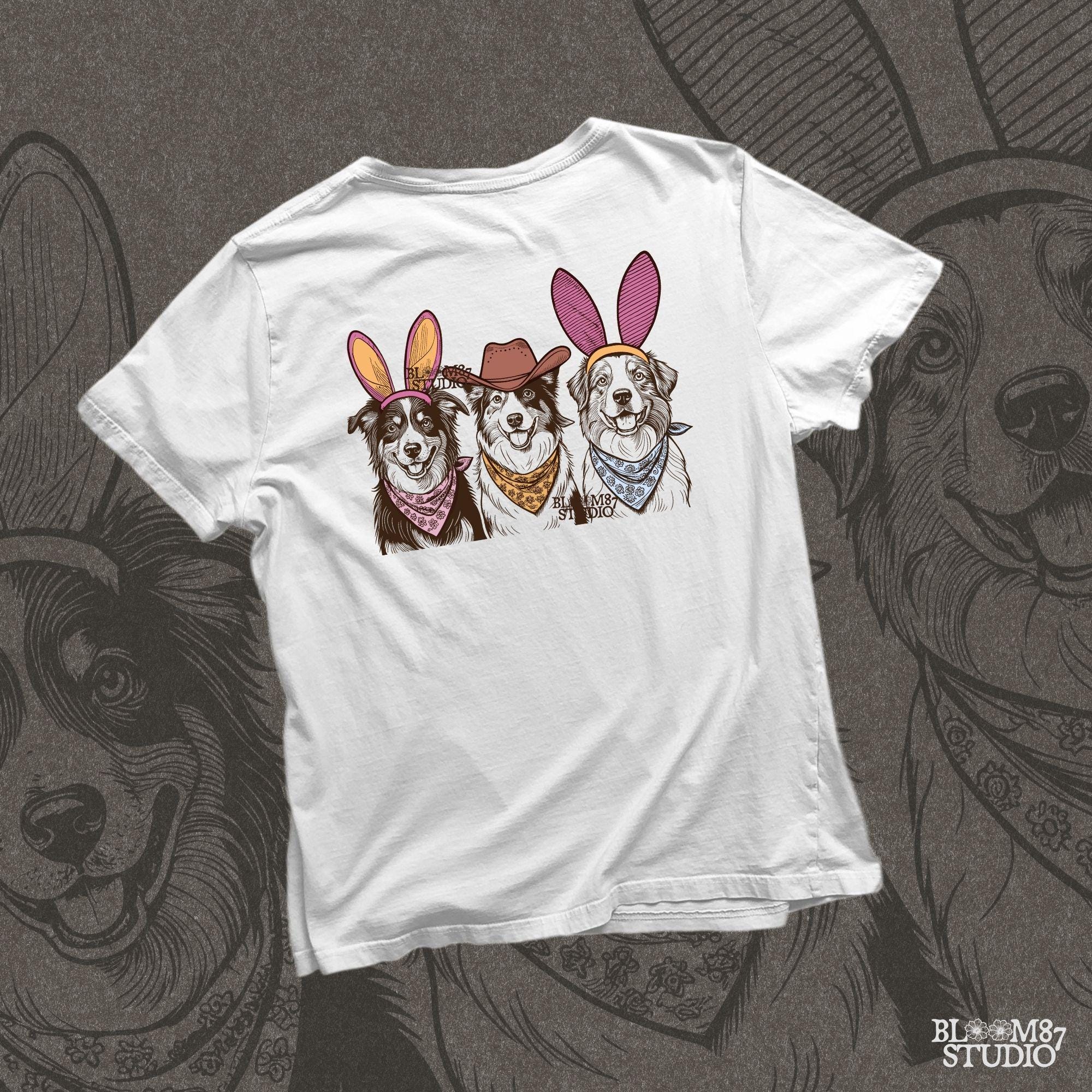 Country dog trio artwork with detailed Australian Shepherds wearing cowboy and bunny accessories, great for dog lovers.