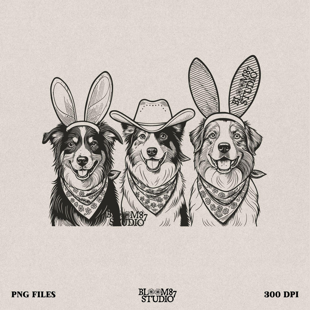 Western ranch dog illustration with Australian Shepherds wearing cowboy gear and Easter accessories, great for farmhouse decor.