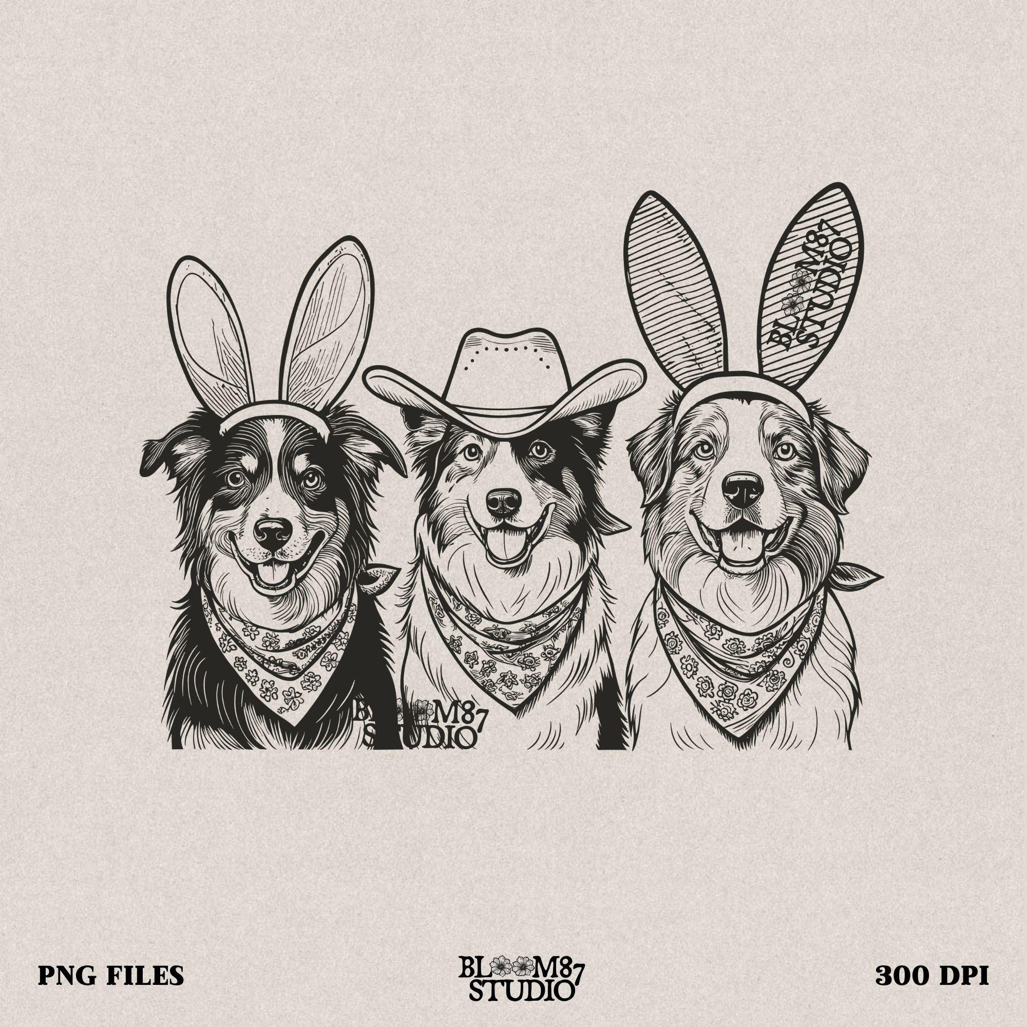 Western ranch dog illustration with Australian Shepherds wearing cowboy gear and Easter accessories, great for farmhouse decor.