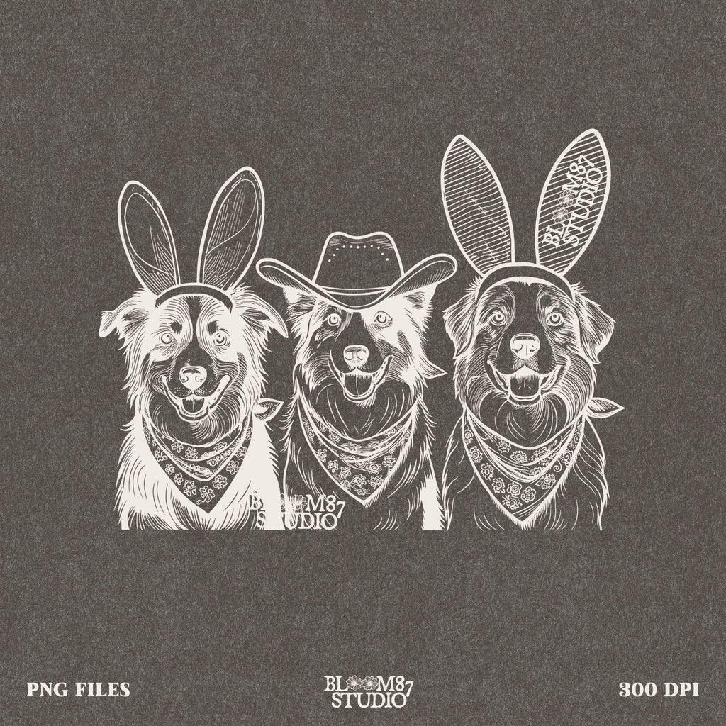 Rustic country dog digital art featuring Australian Shepherds dressed for Easter and the Wild West, ideal for sublimation projects.