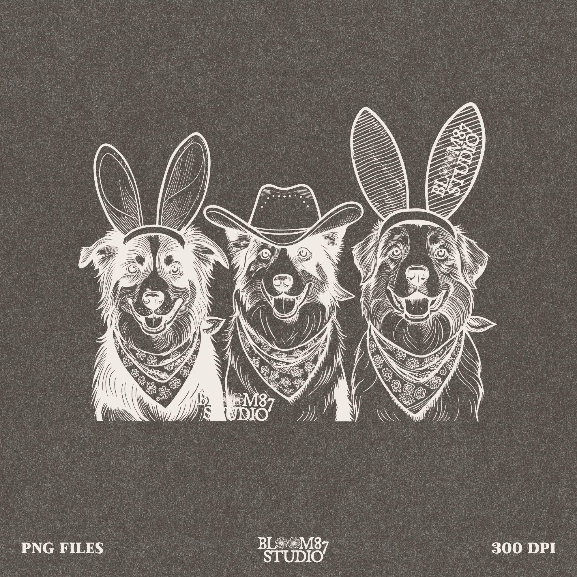 Rustic country dog digital art featuring Australian Shepherds dressed for Easter and the Wild West, ideal for sublimation projects.