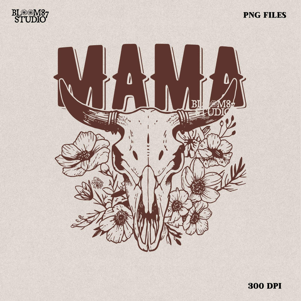 This “Mama” PNG design features a bold western-style font with a longhorn cow skull surrounded by intricate floral elements. A perfect rustic, boho aesthetic for Mother’s Day gifts, rodeo moms, and country-loving mamas. Great for sublimation on T-shirts, mugs, tumblers, tote bags, and DIY crafts. High-resolution transparent PNG for easy printing and creative projects.