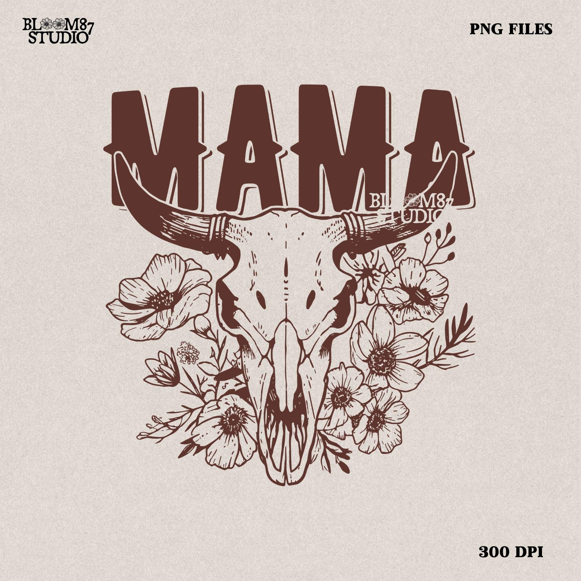 This “Mama” PNG design features a bold western-style font with a longhorn cow skull surrounded by intricate floral elements. A perfect rustic, boho aesthetic for Mother’s Day gifts, rodeo moms, and country-loving mamas. Great for sublimation on T-shirts, mugs, tumblers, tote bags, and DIY crafts. High-resolution transparent PNG for easy printing and creative projects.