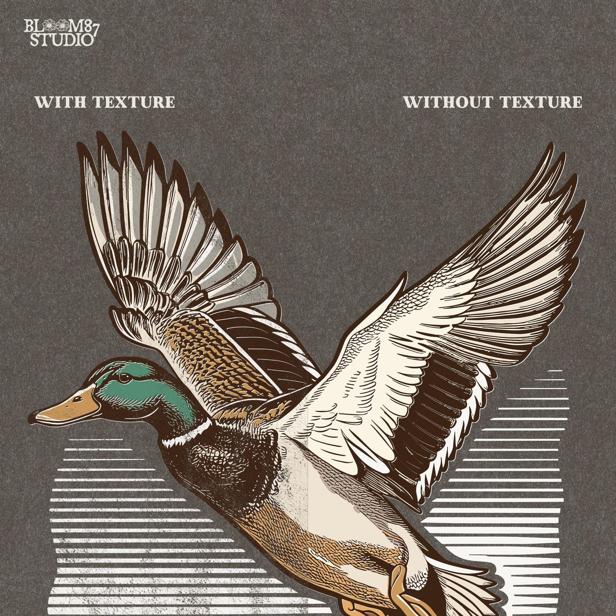 Duck flying vintage PNG, rustic bird-themed artwork, sublimation mallard file, male mallard duck illustration, greenhead mallard drawing, printable for hunting shirts, duck camp cabin decor, bird in motion PNG, outdoor adventure clip, waterfowl lover PNG