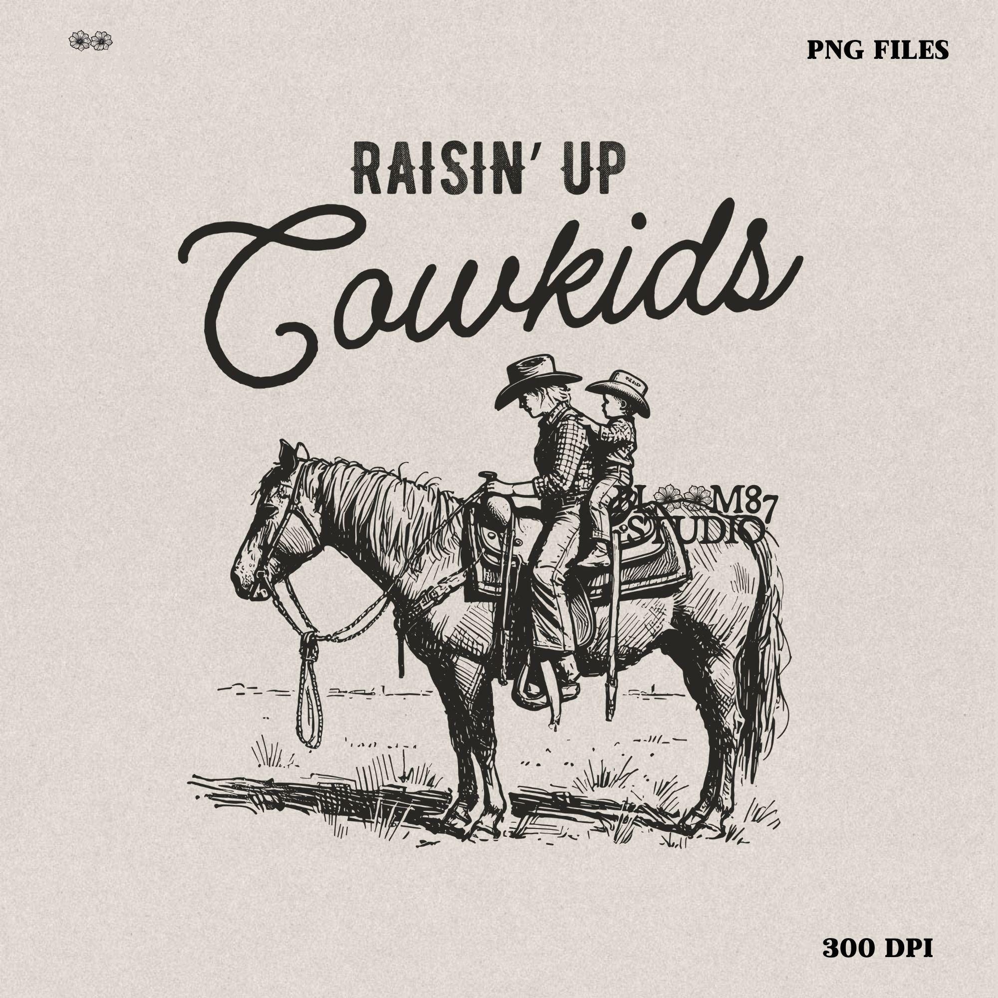 Raisin’ Up Cowkids PNG, cowboy kids riding horse, western ranch life design, rustic country kids print, cowboy family sublimation, rodeo lifestyle PNG, country western apparel, rustic ranch artwork, cowboy children horseback riding PNG, ranch family life print, western homestead graphic, kids cowboy farm life PNG, cowboys raising cowkids print, rural ranch family illustration, country lifestyle sublimation, rustic rodeo children PNG, country kid horseback design, western-themed family