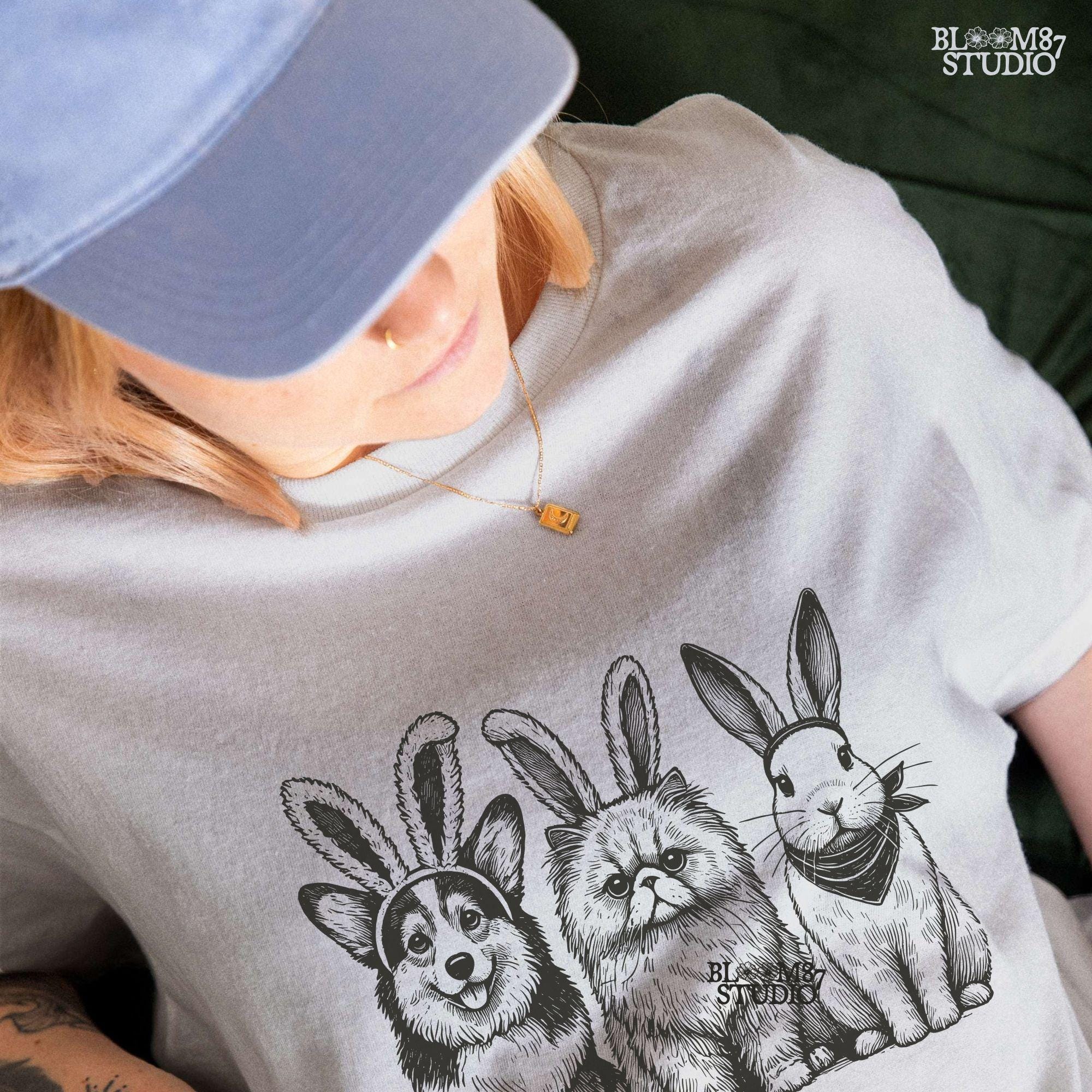 Pet trio bunny ears PNG, Easter Corgi cat rabbit, funny animal shirt design, Easter sublimation download, pet humor clip-free file, digital pet design, spring cute animals PNG