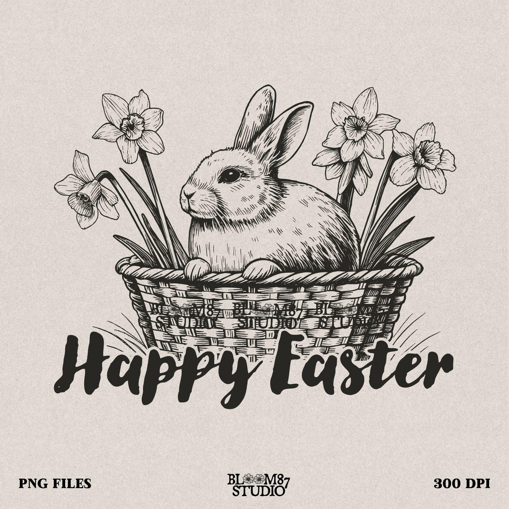 Easter bunny PNG, happy Easter digital file, vintage rabbit clipart, bunny in basket sublimation, spring flowers rabbit art, cute Easter PNG, floral Easter animal graphic, printable bunny with flowers, rabbit Easter download