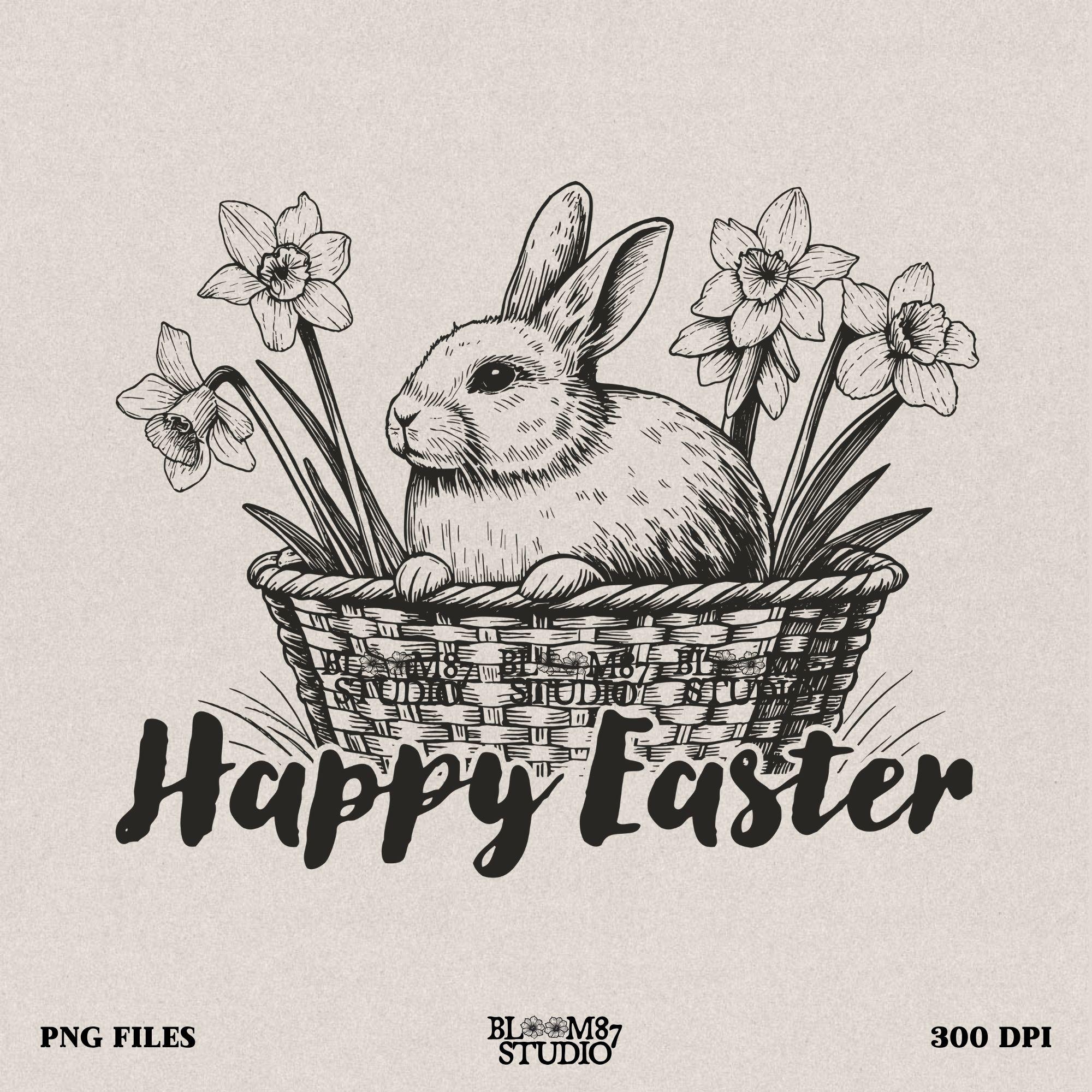 Easter bunny PNG, happy Easter digital file, vintage rabbit clipart, bunny in basket sublimation, spring flowers rabbit art, cute Easter PNG, floral Easter animal graphic, printable bunny with flowers, rabbit Easter download
