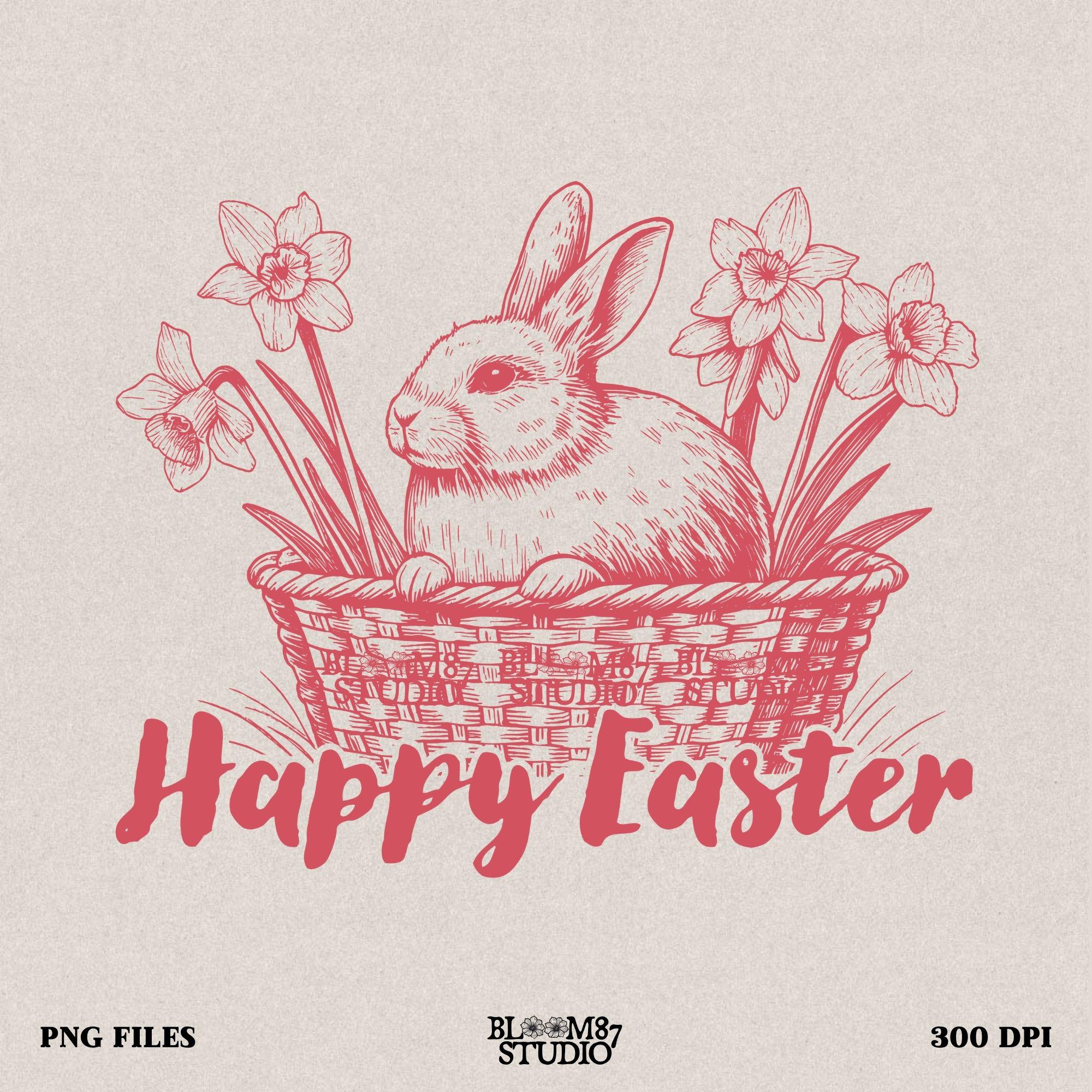 Easter basket rabbit PNG, cute animal spring PNG, vintage bunny illustration, Easter decor digital file, printable rabbit image, spring flower bunny design, shirt transfer bunny PNG, daffodil and bunny PNG art