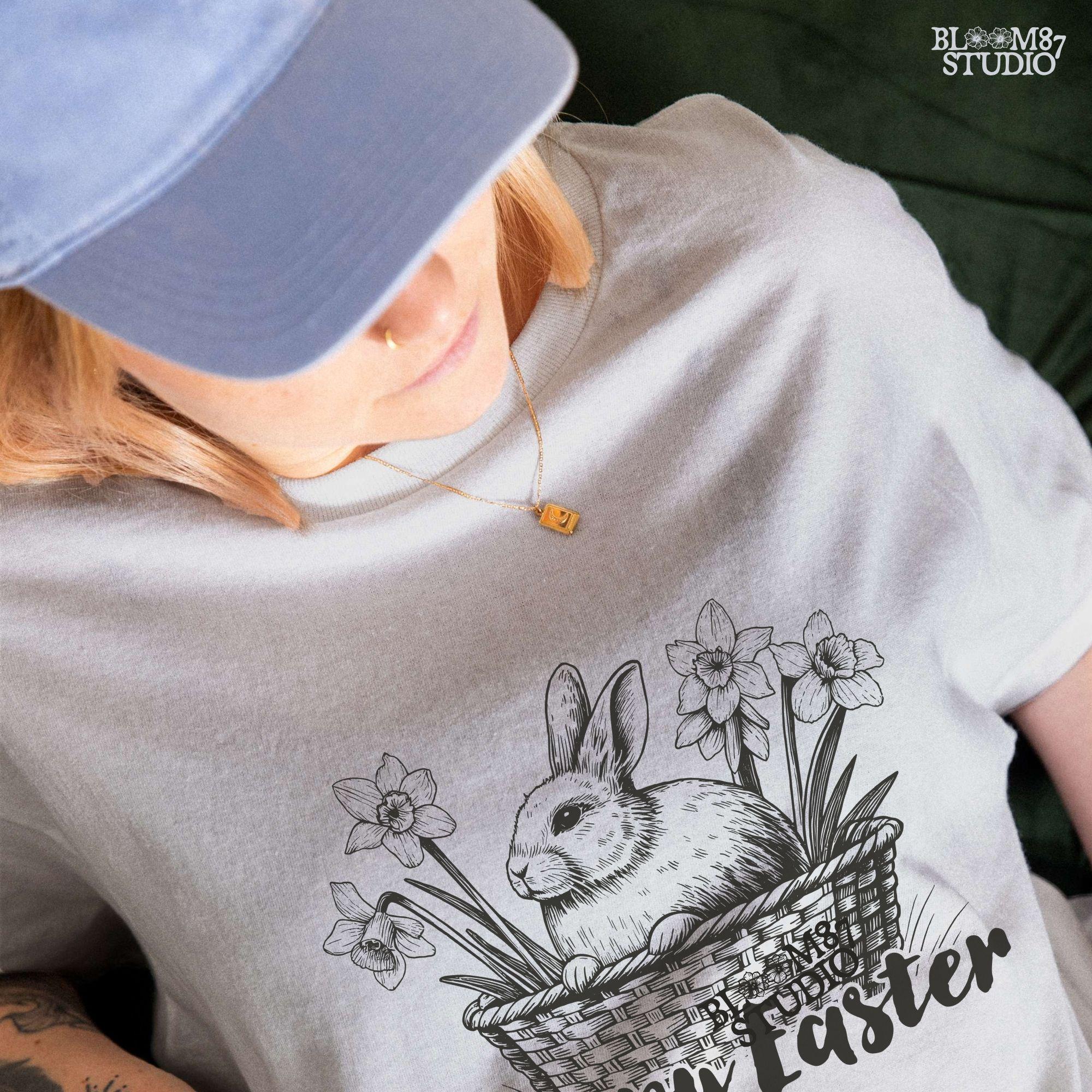 Rabbit and flowers PNG, happy Easter animal art, bunny ears in basket, springtime bunny graphic, daffodils and rabbit illustration, printable spring rabbit, vintage-style Easter file, Easter shirt sublimation