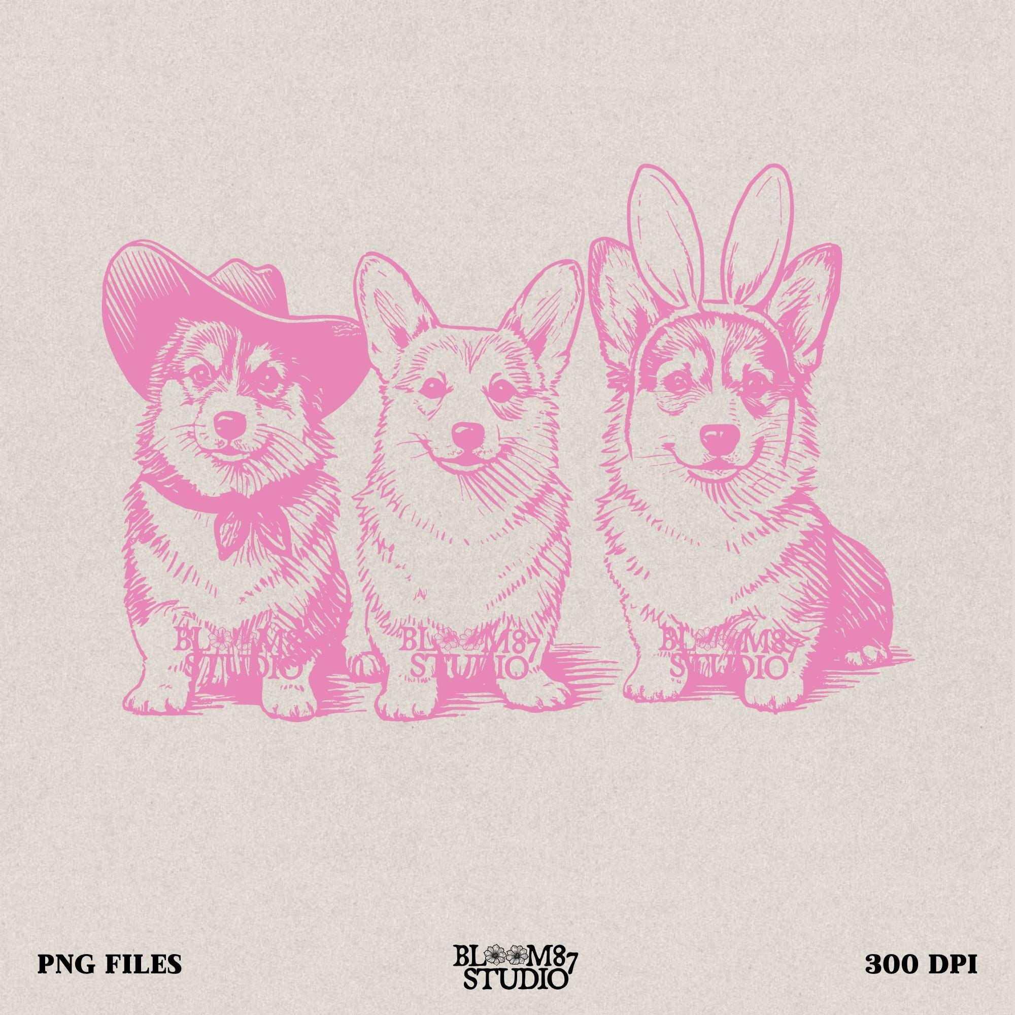 Western corgi art, bunny ears dog file, Easter trio of dogs PNG, cowboy hat pup design, cute corgi PNG artwork, funny corgi printable, shirt corgi trio PNG, Easter western pet sublimation