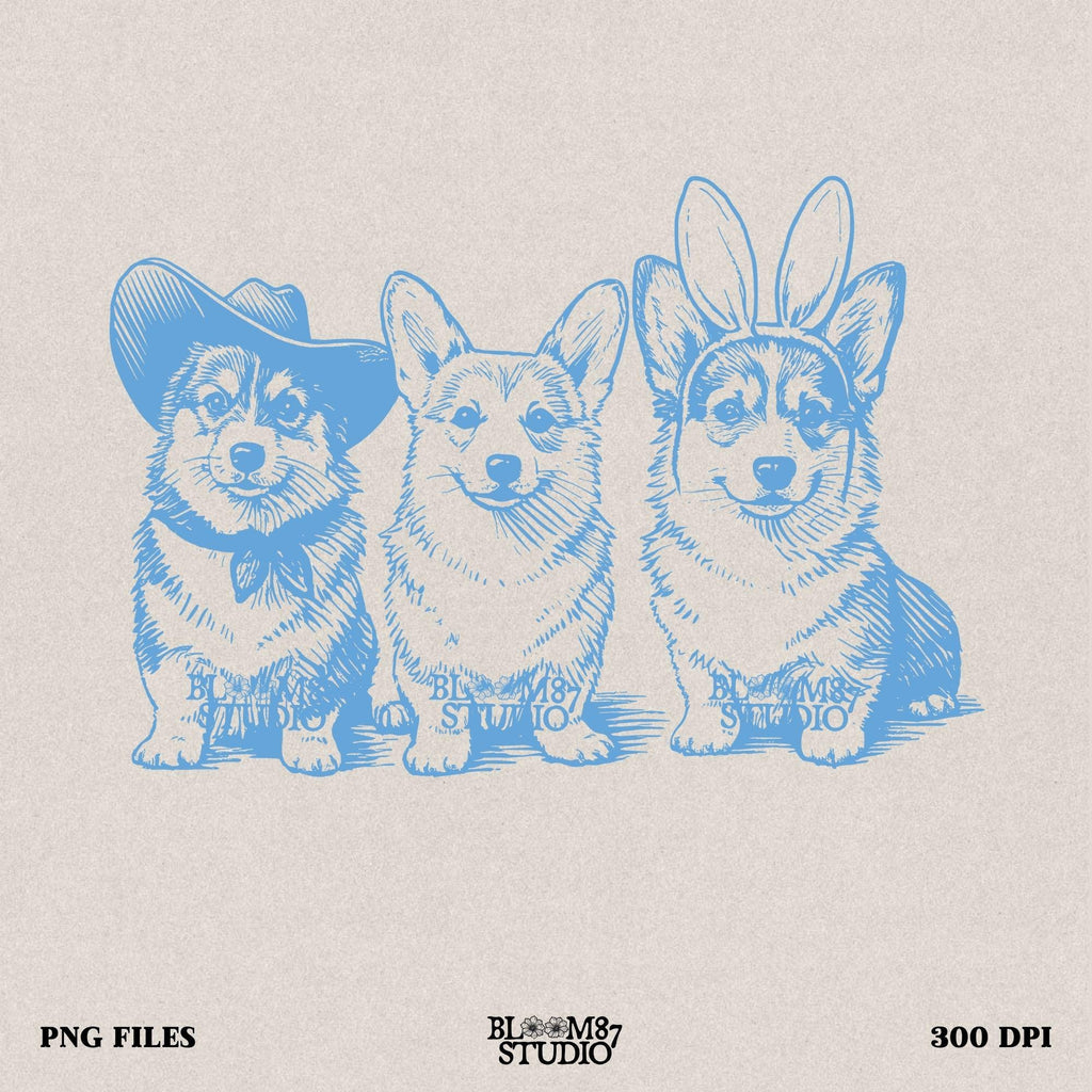 Easter corgi download, cowboy corgi PNG, corgi with bunny ears, dog sublimation trio, funny dog digital design, shirt transfer corgi, Easter sublimation art, corgi group art, dog lovers Easter gift