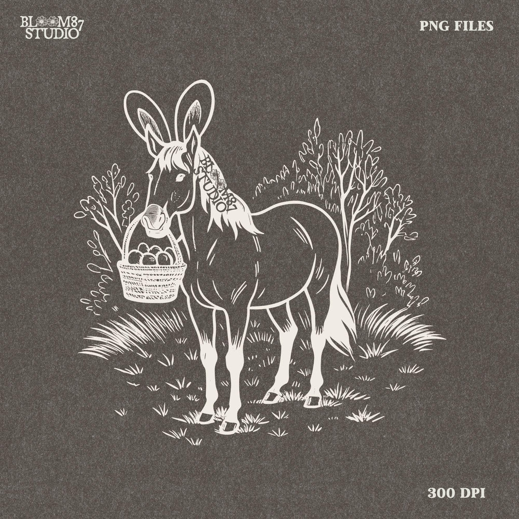 Vintage-style horse with bunny ears, springtime countryside sketch, printable Easter horse art, DIY craft and t-shirt design.