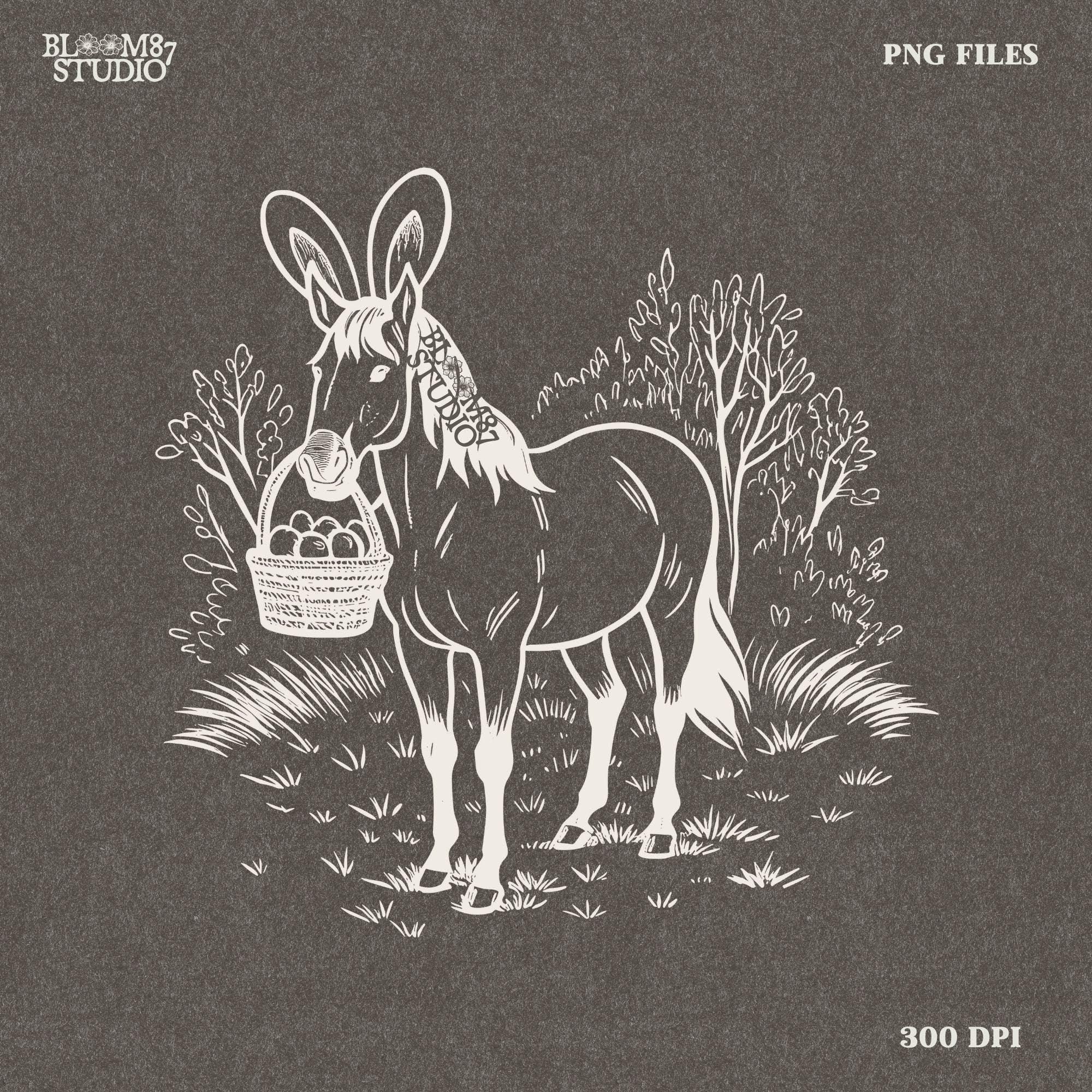 Vintage-style horse with bunny ears, springtime countryside sketch, printable Easter horse art, DIY craft and t-shirt design.