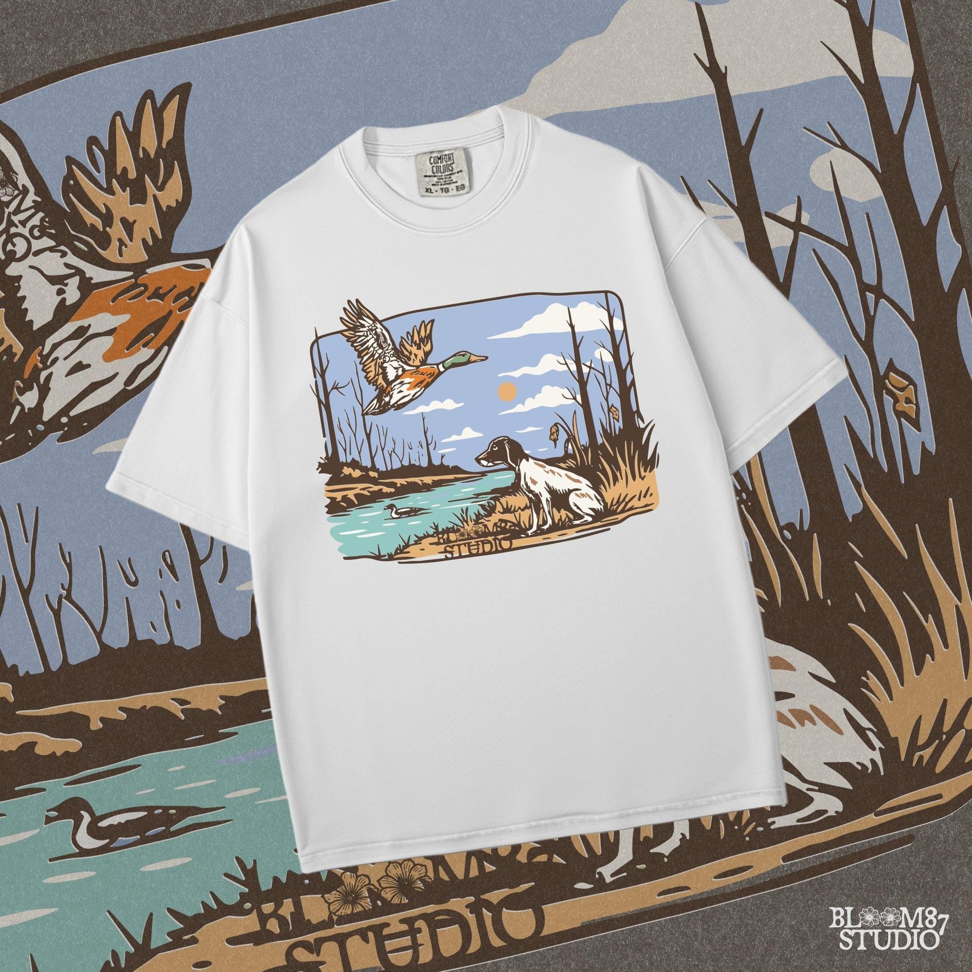 upland hunting clipart, wild duck landscape, hunting dog in nature, duck tracking art, country duck hunting png, dog and pond illustration, mallard hunter digital, duck hunt artwork file, bird dog silhouette, duck season png