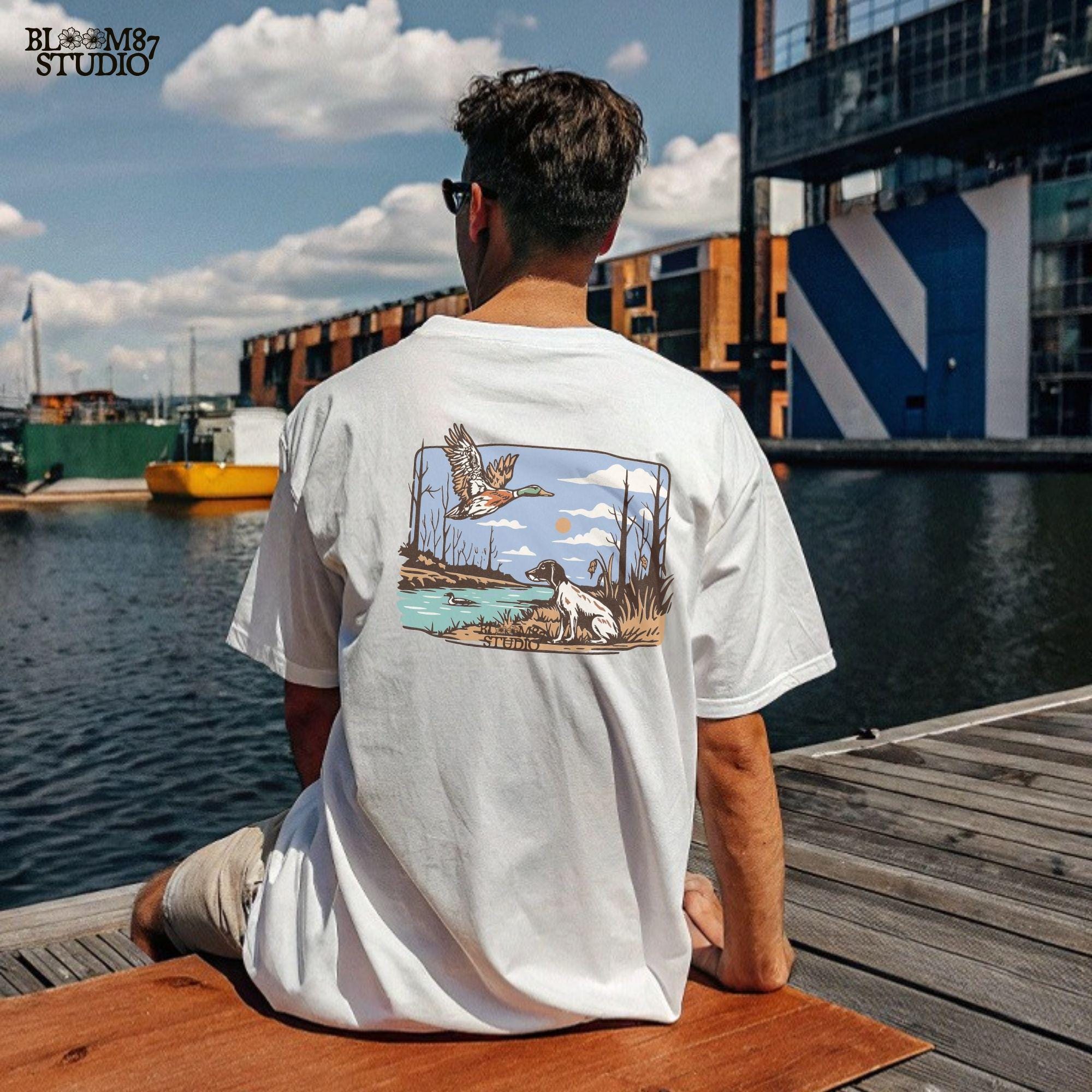 duck and hunting dog png, printable mallard duck art, rustic wilderness scene, water hunting landscape, dog beside river clipart, fly zone bird png, nature adventure png, duck call art file, wild duck graphic, canine hunter art