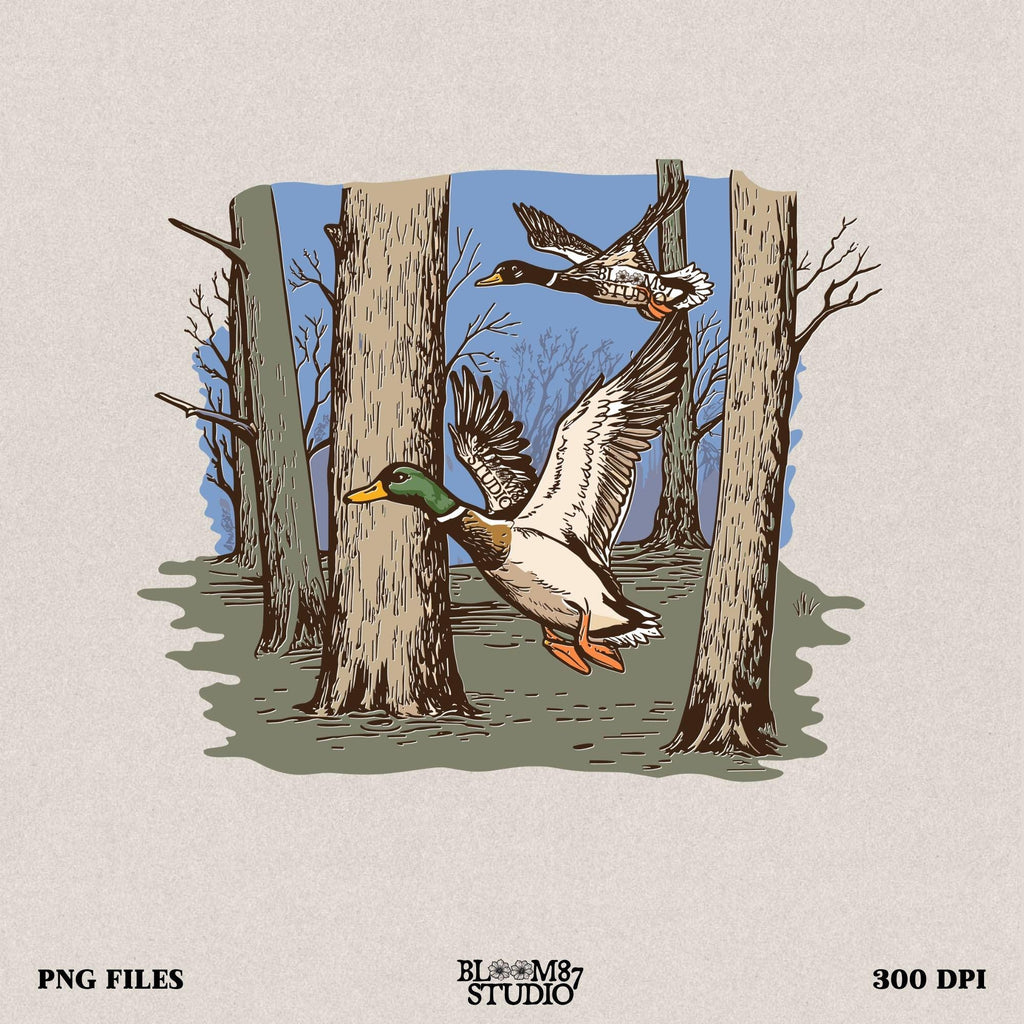 flying mallard png, duck hunting scene png, mallard ducks in forest, forest duck clipart, hunting bird png, mallard pair flying, duck hunting digital art, rustic outdoors wildlife, printable duck design, mallard in trees