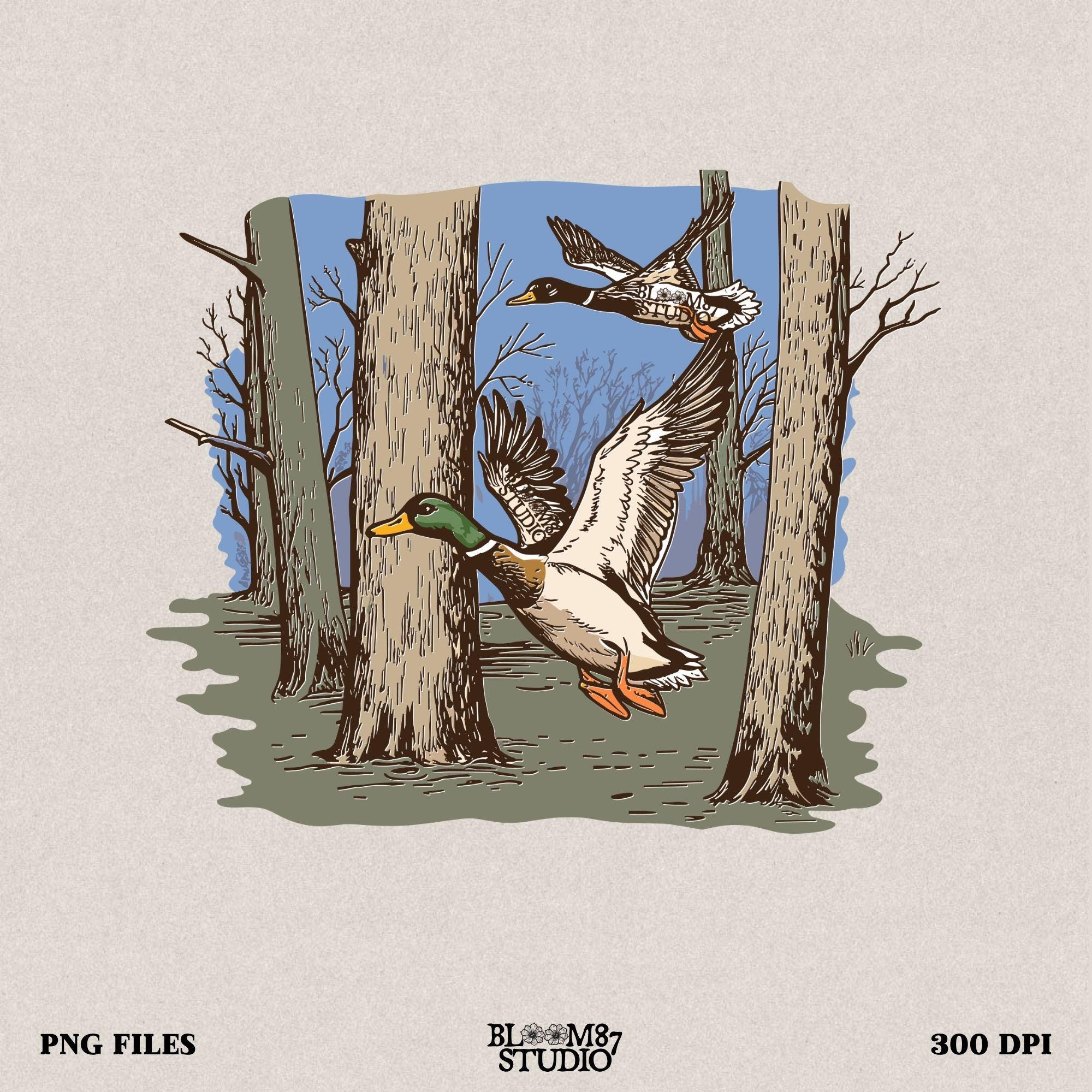 flying mallard png, duck hunting scene png, mallard ducks in forest, forest duck clipart, hunting bird png, mallard pair flying, duck hunting digital art, rustic outdoors wildlife, printable duck design, mallard in trees