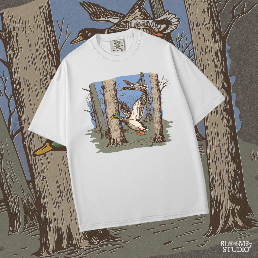 fall duck hunting png, forest waterfowl flight, mallards flying low png, wildlife mallard clipart, rural duck scene, game birds art, digital hunting decor, mallard t-shirt png, outdoorsman mallard art, rustic birds png