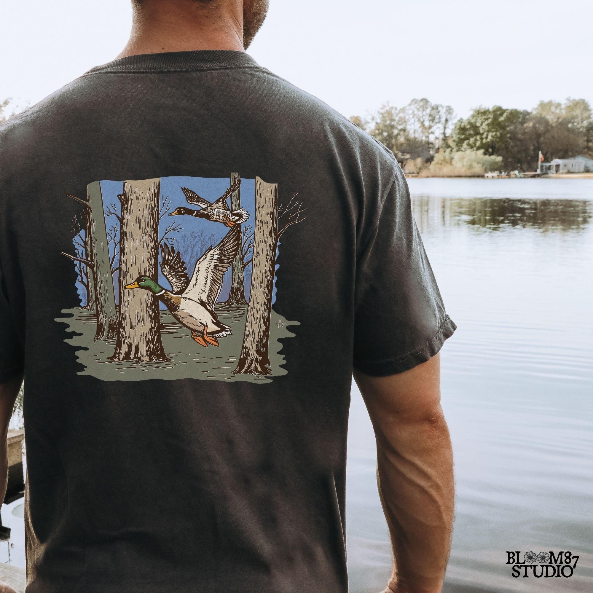 ducks in woods graphic, rustic flying mallards png, duck season print file, hunting woods scene, mallard digital png, forest flight design, ducks in trees silhouette, mallard pair flying over woods, rural nature birds png, outdoor ducks art