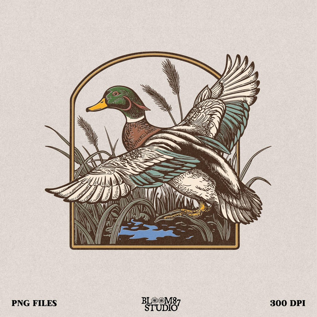 flying mallard png, duck in reeds clipart, mallard vintage art, waterfowl hunting design, duck hunting printable, mallard bird png, rustic wildlife illustration, marsh duck png, wild duck sublimation, printable duck image