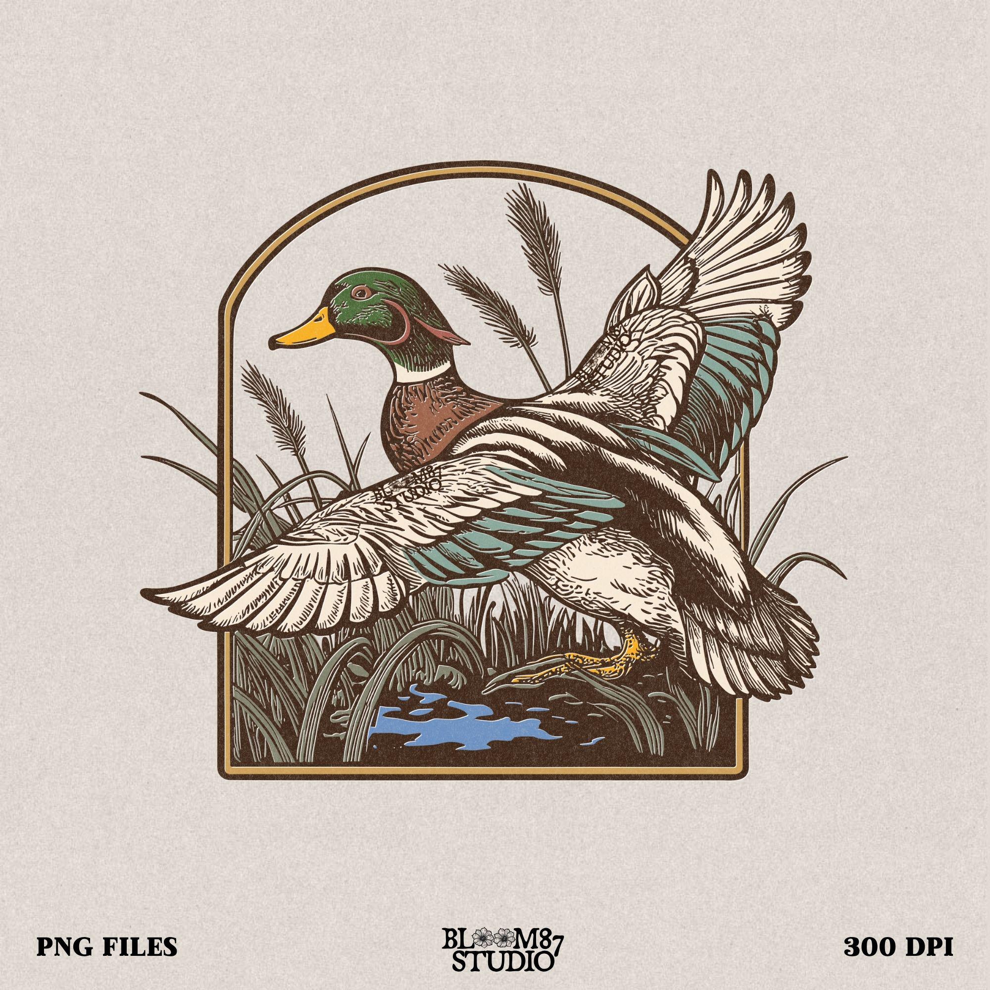 flying mallard png, duck in reeds clipart, mallard vintage art, waterfowl hunting design, duck hunting printable, mallard bird png, rustic wildlife illustration, marsh duck png, wild duck sublimation, printable duck image