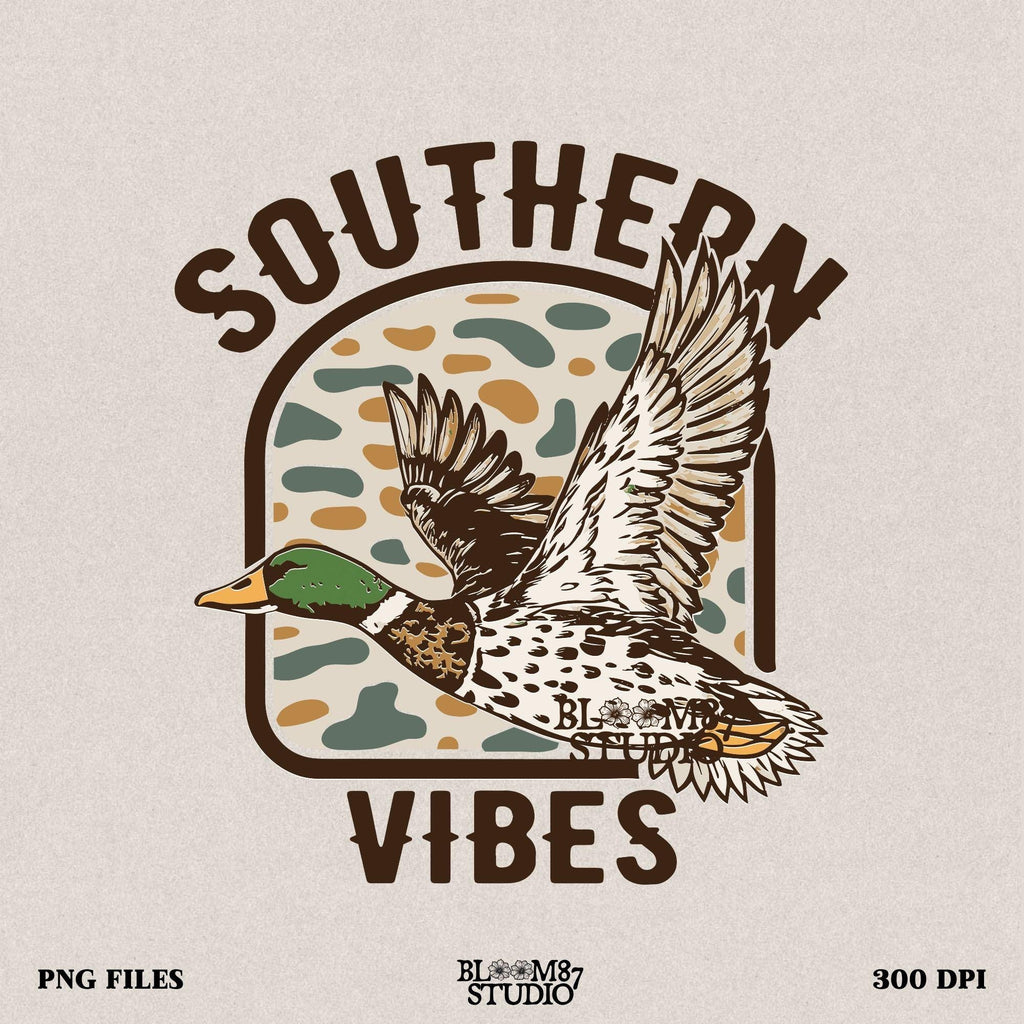 Southern Vibes PNG featuring a detailed flying mallard duck with a camo background, perfect for hunters and outdoor lovers.