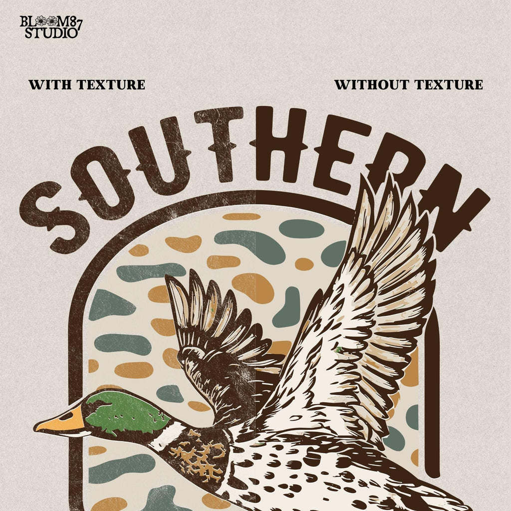 Outdoor adventure artwork showcasing a realistic mallard duck in mid-flight, symbolizing freedom and Southern heritage.