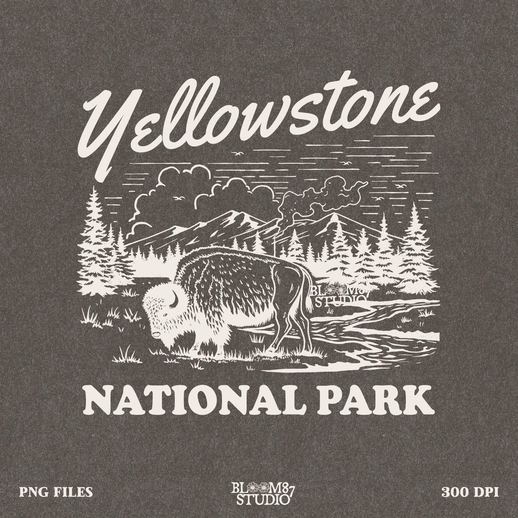 Vintage-inspired Yellowstone artwork with a rustic wilderness scene, ideal for outdoor enthusiasts, campers, and hikers.