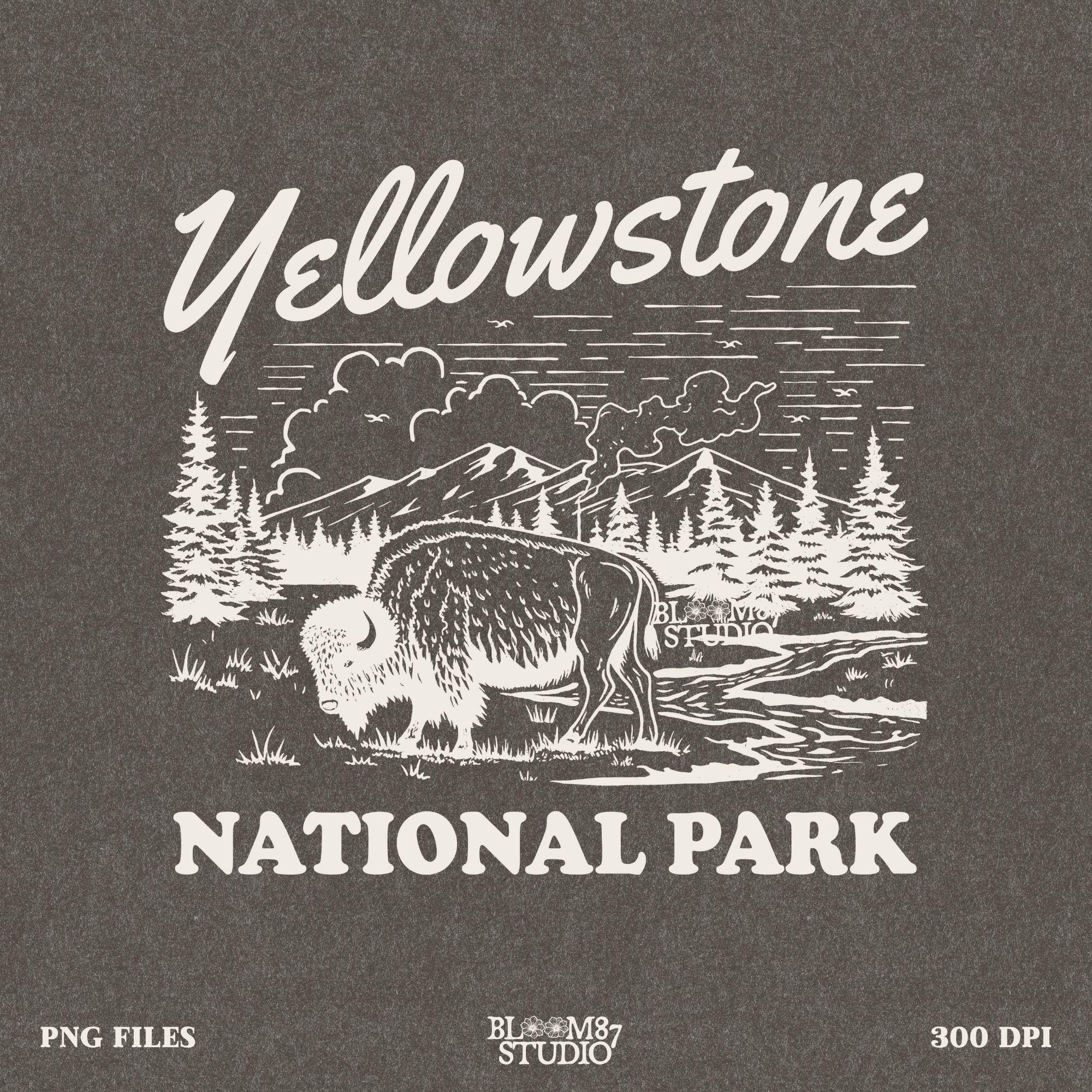 Vintage-inspired Yellowstone artwork with a rustic wilderness scene, ideal for outdoor enthusiasts, campers, and hikers.