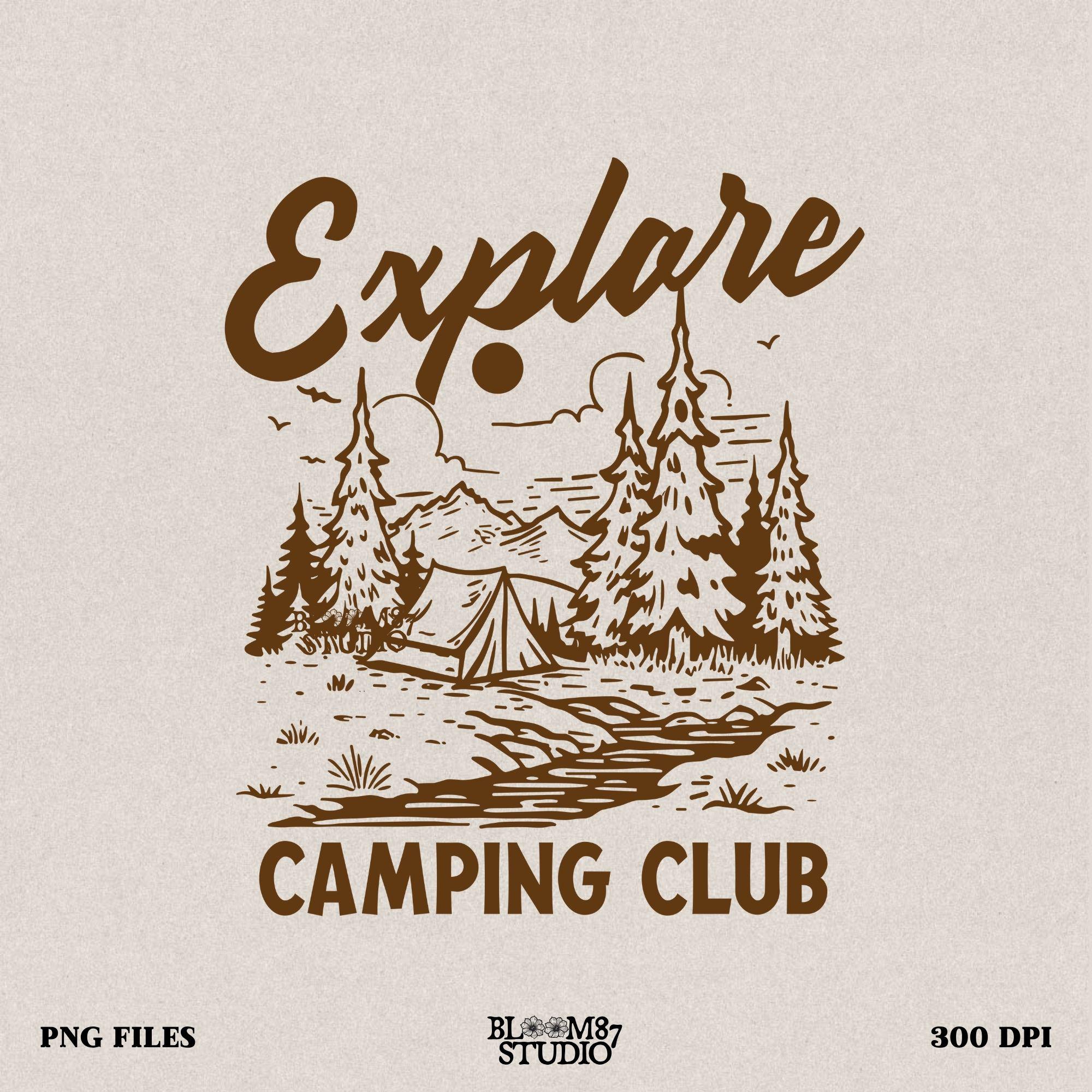 Vintage wilderness design with pine trees, a river, and night sky, capturing the peaceful camping experience.