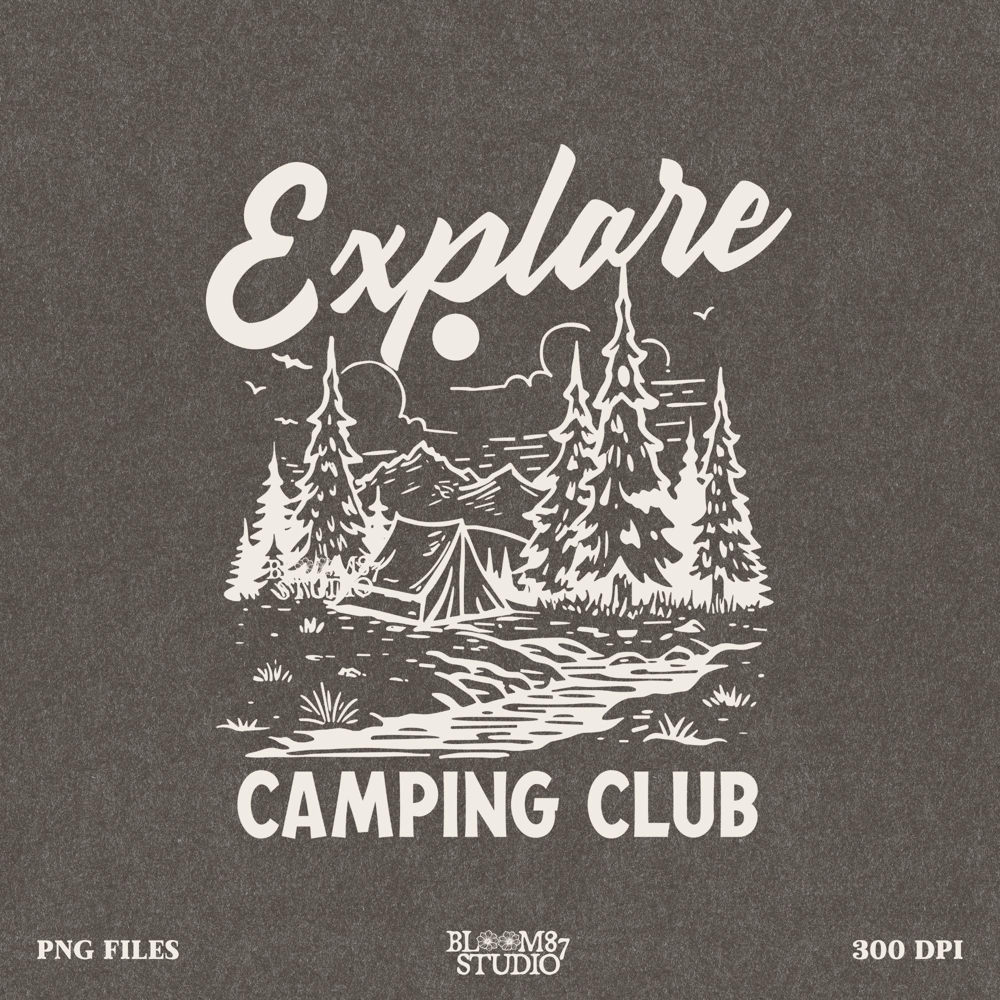 Hand-drawn campsite illustration with detailed forest scenery, great for nature lovers and hiking enthusiasts.