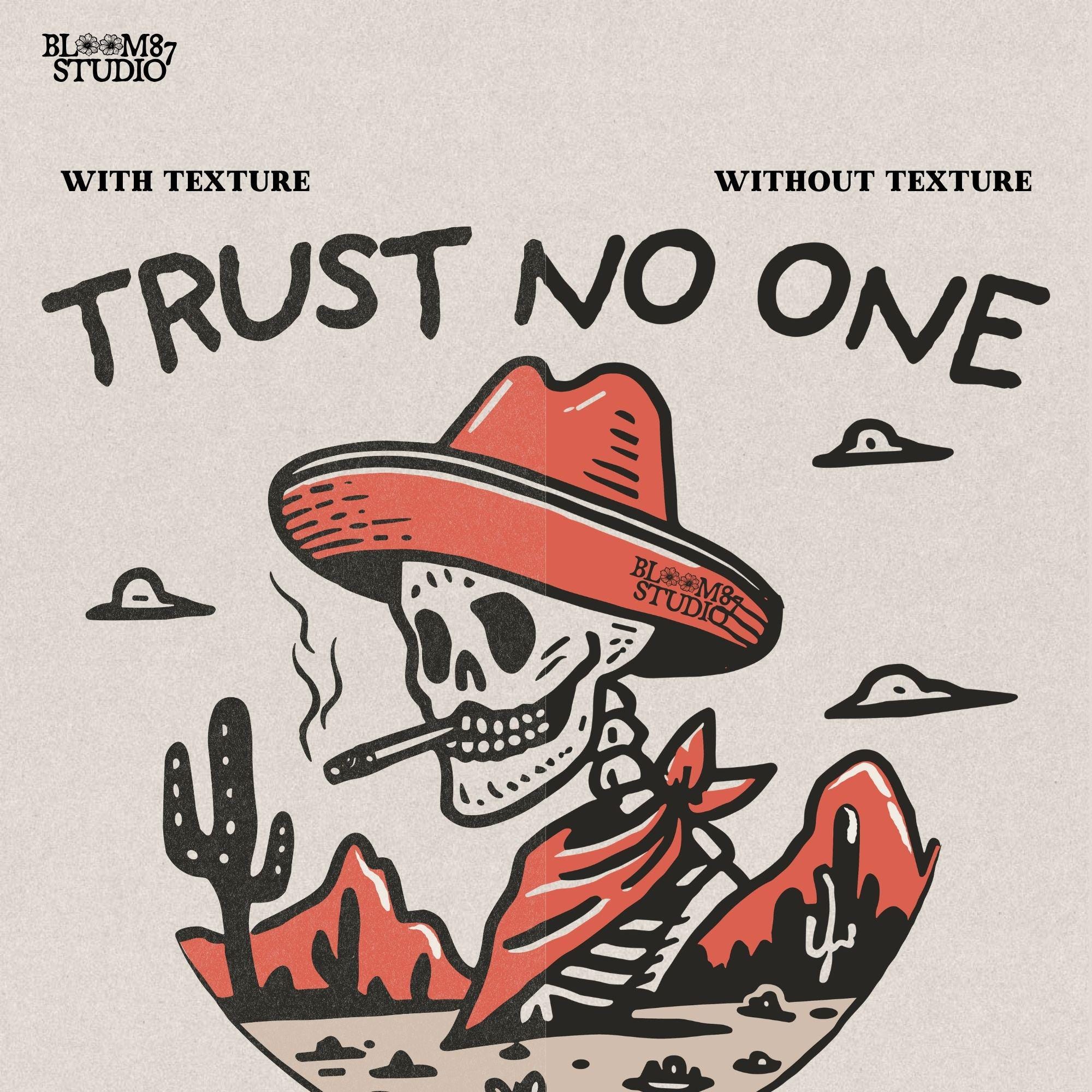 Hand-drawn skull cowboy illustration in a retro desert landscape with cacti, mountains, and UFOs, adding a mysterious vibe.