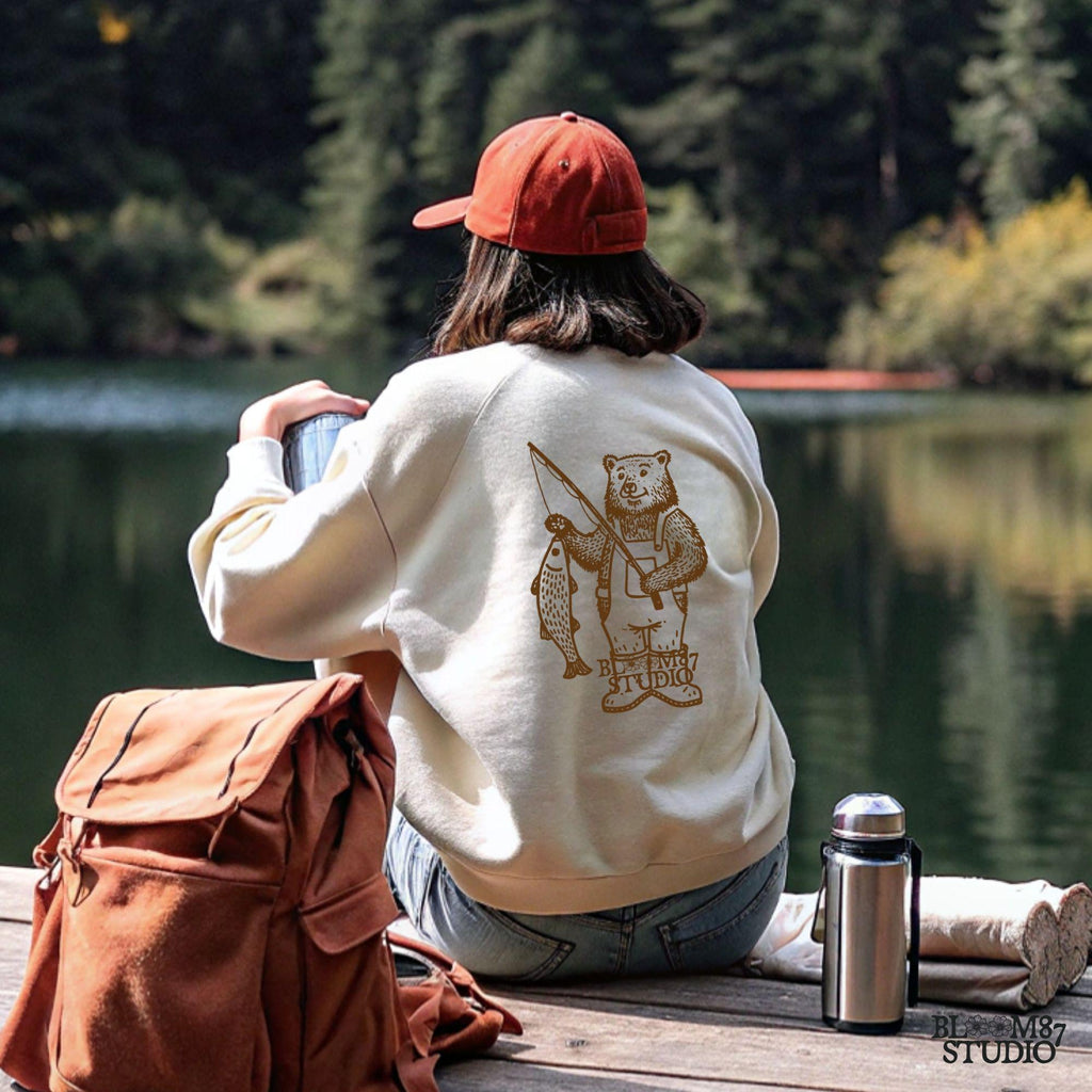 Unique camping bear illustration, designed for fishermen, nature lovers, and wildlife enthusiasts.