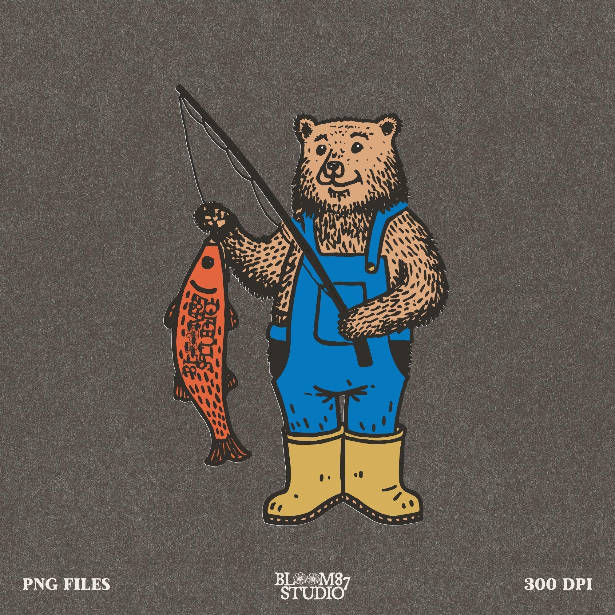 Vintage country outdoor design with a fun, cartoon-style bear fisherman, perfect for nature lovers and anglers.