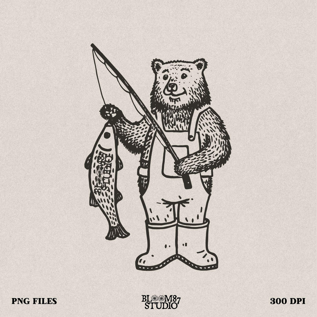 Hand-drawn bear fisherman artwork, great for camping, fishing, and outdoor adventure apparel.