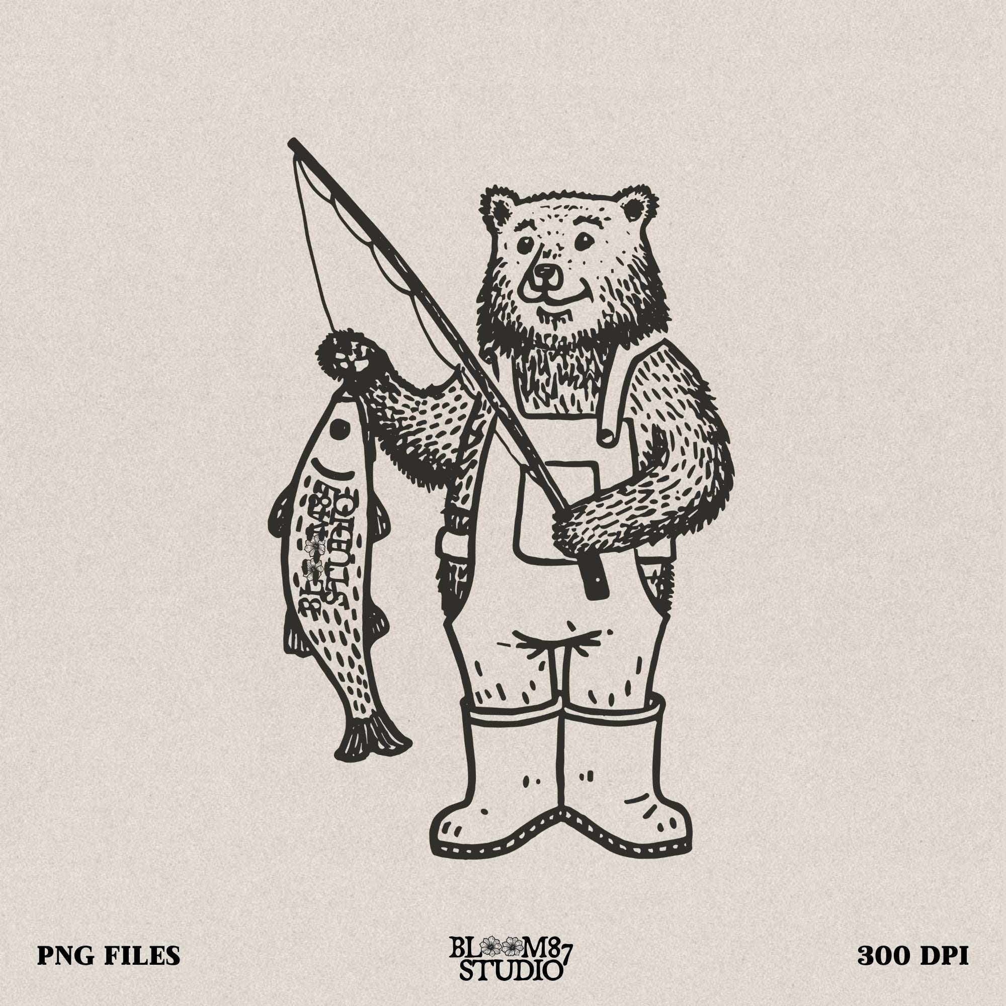 Hand-drawn bear fisherman artwork, great for camping, fishing, and outdoor adventure apparel.