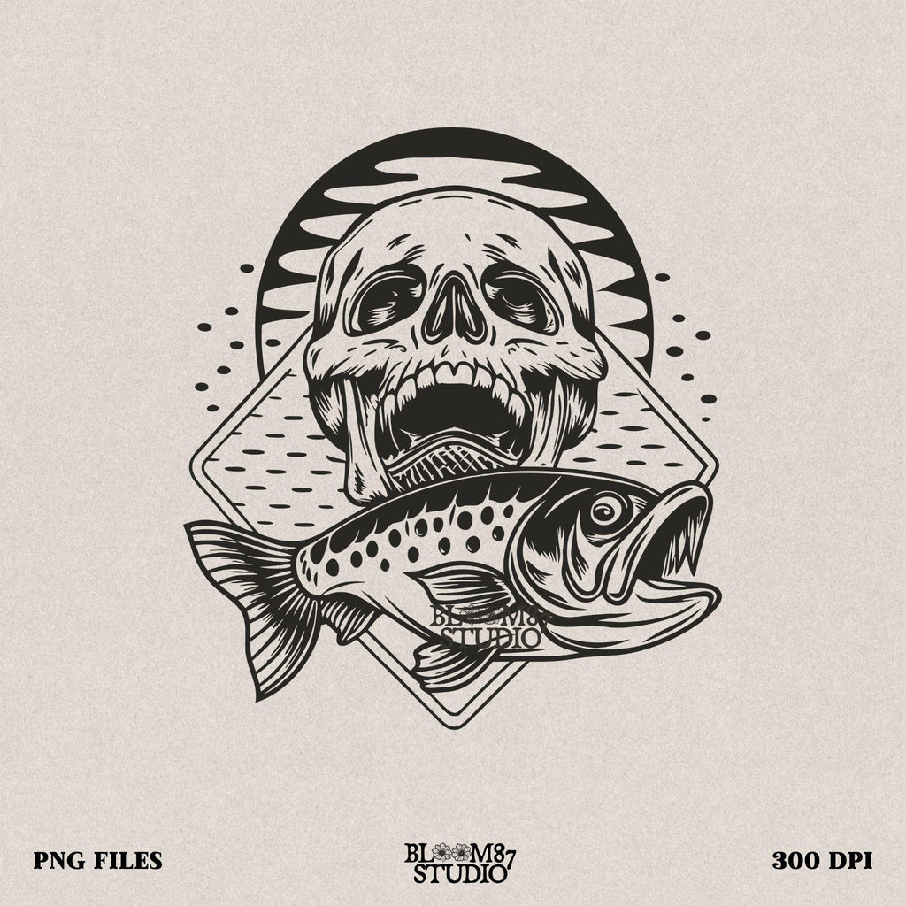 Vintage fishing skull illustration, symbolizing the thrill of the catch and the untamed spirit of the water.