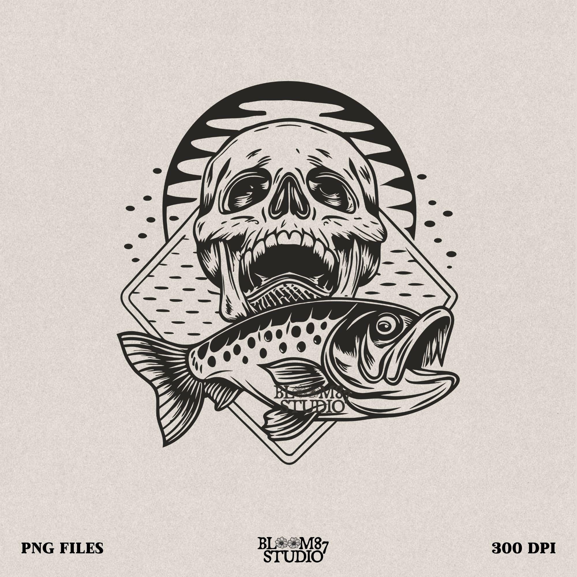 Vintage fishing skull illustration, symbolizing the thrill of the catch and the untamed spirit of the water.