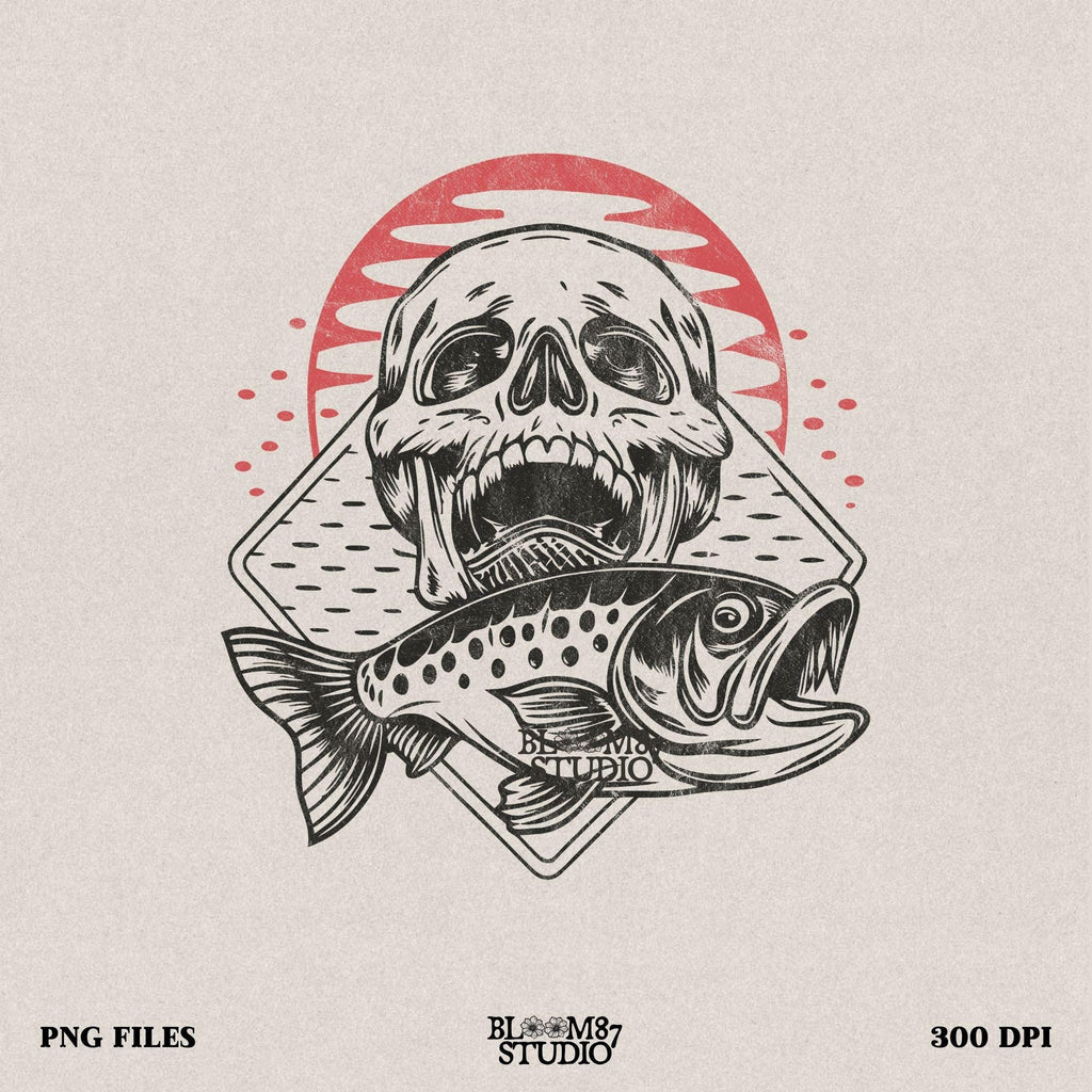 Skull and fish PNG featuring a bold hand-drawn skull with a detailed fish, perfect for fishermen and gothic outdoor lovers.