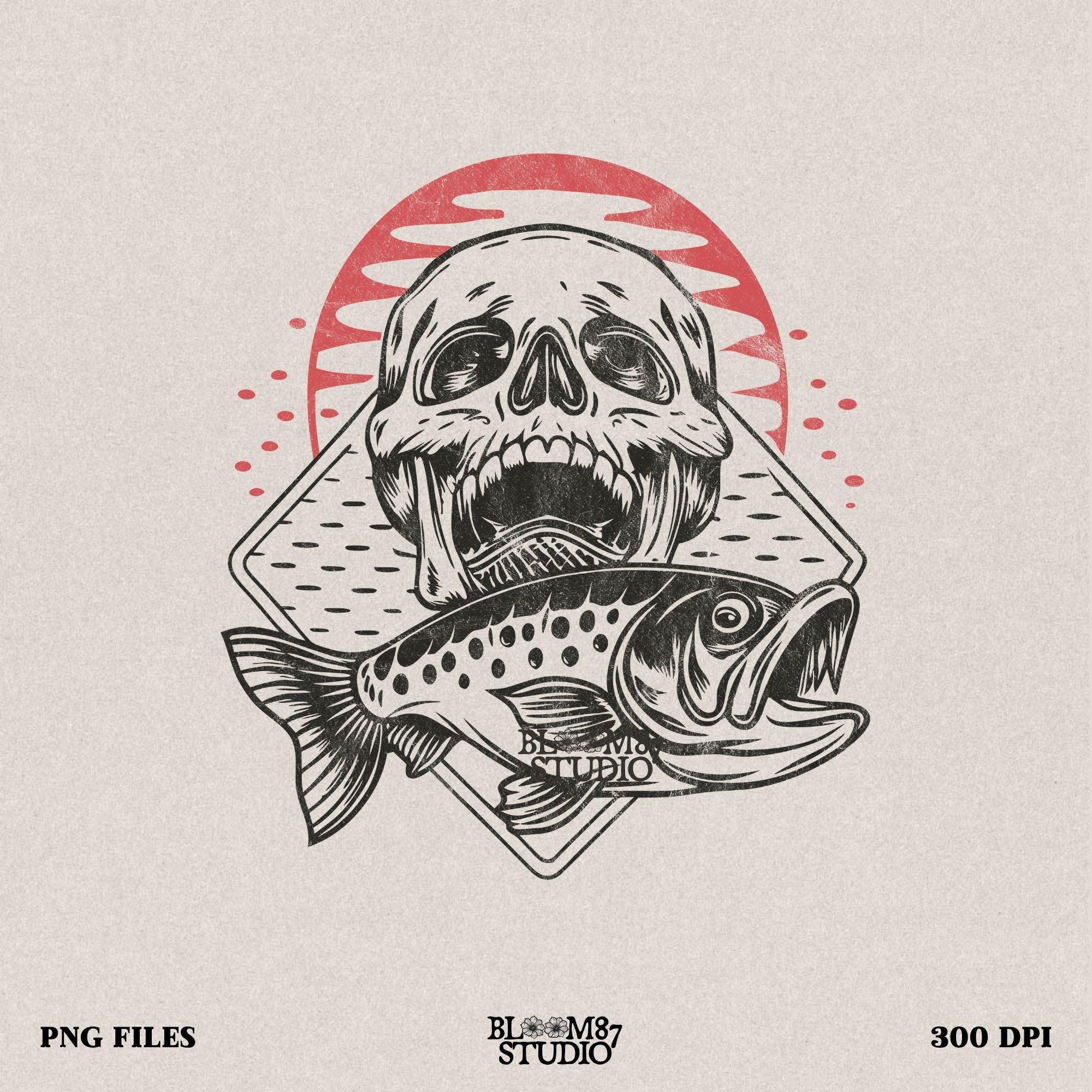 Skull and fish PNG featuring a bold hand-drawn skull with a detailed fish, perfect for fishermen and gothic outdoor lovers.