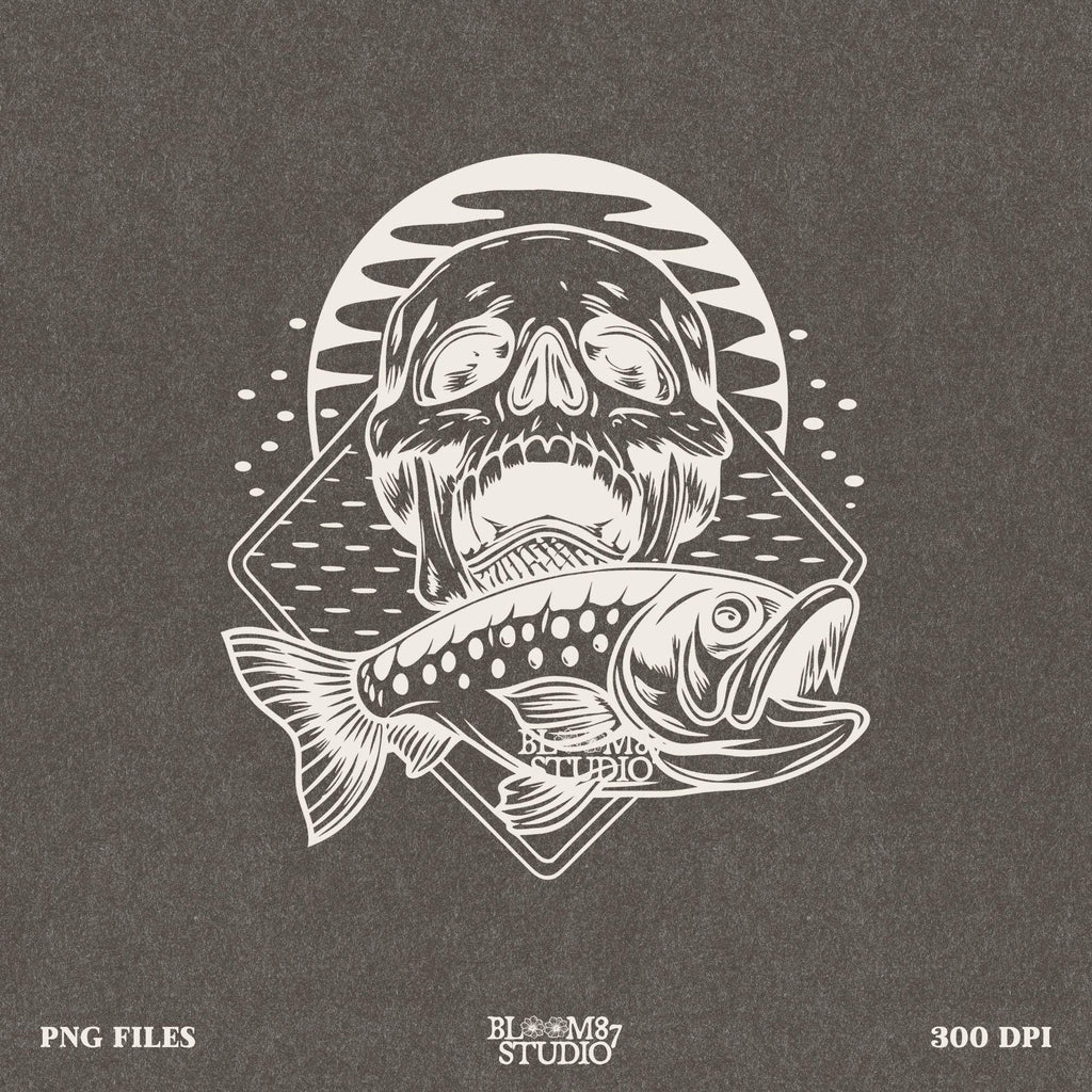 Dark fishing adventure design combining a rugged skull and trophy fish, ideal for anglers who love edgy artwork.