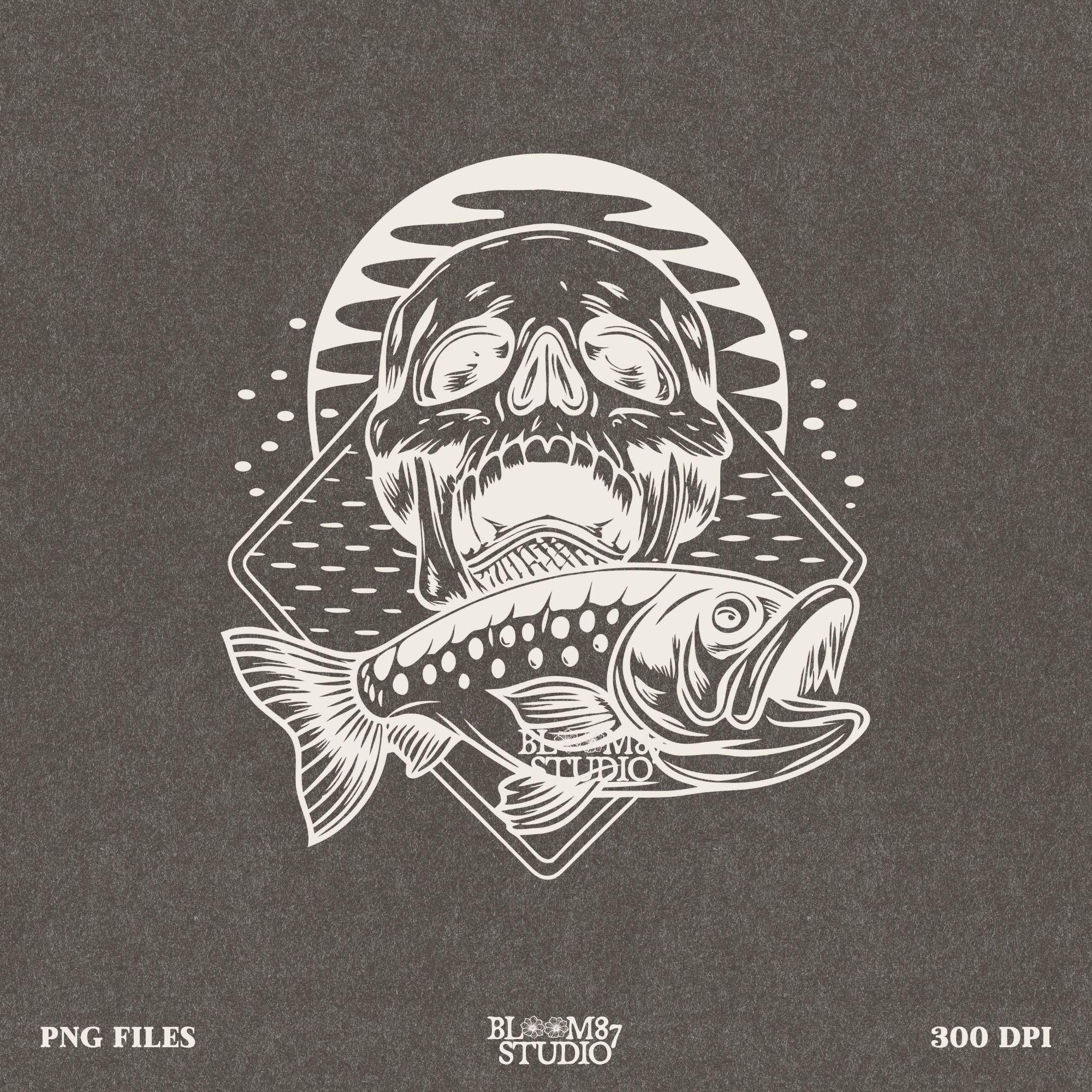 Dark fishing adventure design combining a rugged skull and trophy fish, ideal for anglers who love edgy artwork.