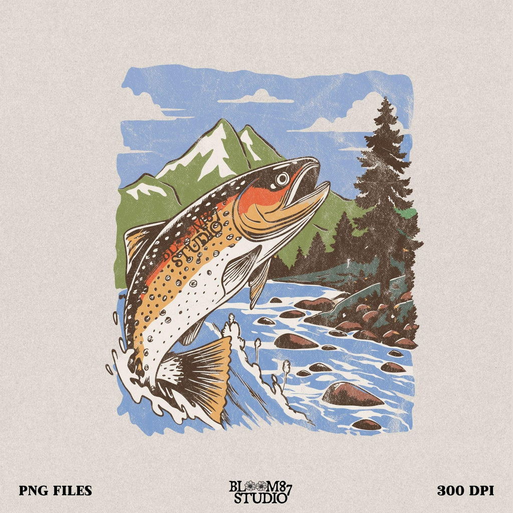 Trout fishing PNG featuring a jumping trout in a scenic mountain river, perfect for anglers and outdoor enthusiasts.