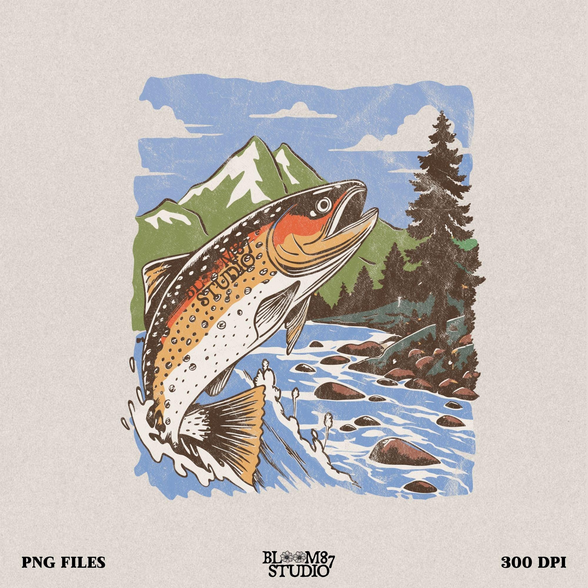 Trout fishing PNG featuring a jumping trout in a scenic mountain river, perfect for anglers and outdoor enthusiasts.