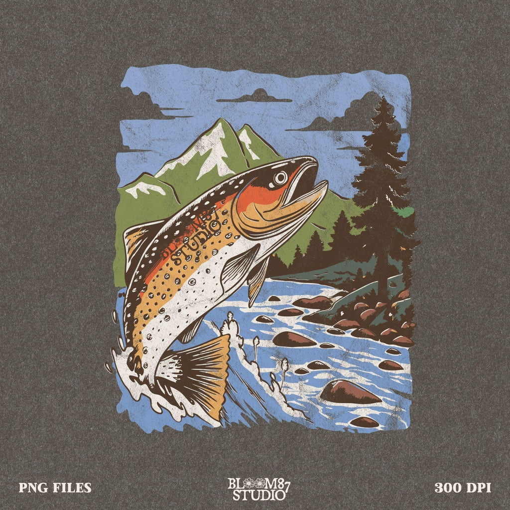 Rustic fishing artwork with detailed hand-drawn fish, flowing river, and pine trees, ideal for camping and nature lovers.
