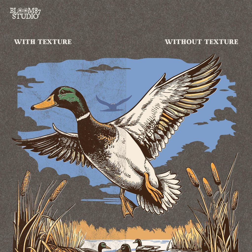 High-resolution (300 DPI) duck hunting PNG with a transparent background, ideal for sublimation, t-shirts, and hoodies.
