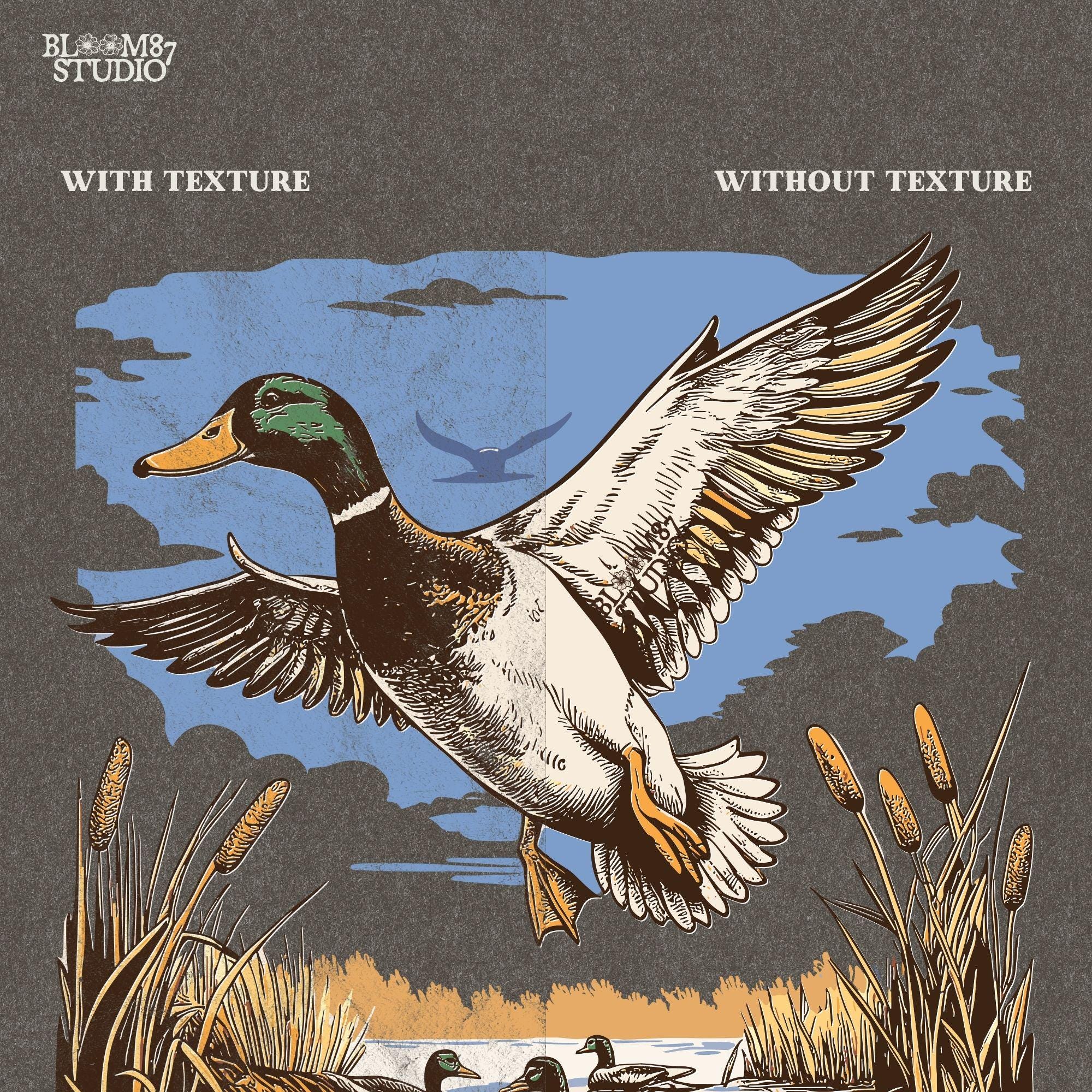 High-resolution (300 DPI) duck hunting PNG with a transparent background, ideal for sublimation, t-shirts, and hoodies.