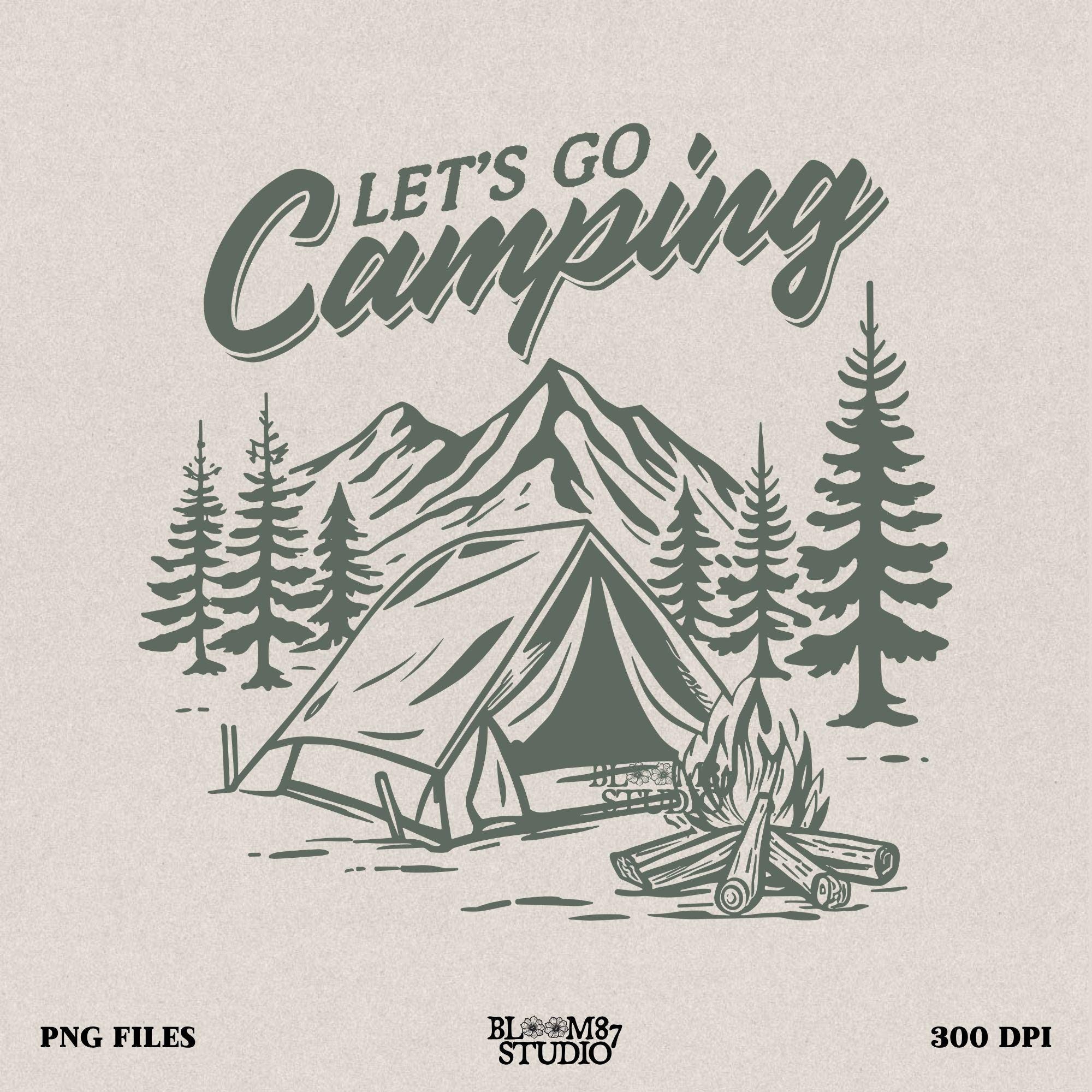 High-resolution (300 DPI) camping PNG with a transparent background, great for sublimation, t-shirts, and hoodies.