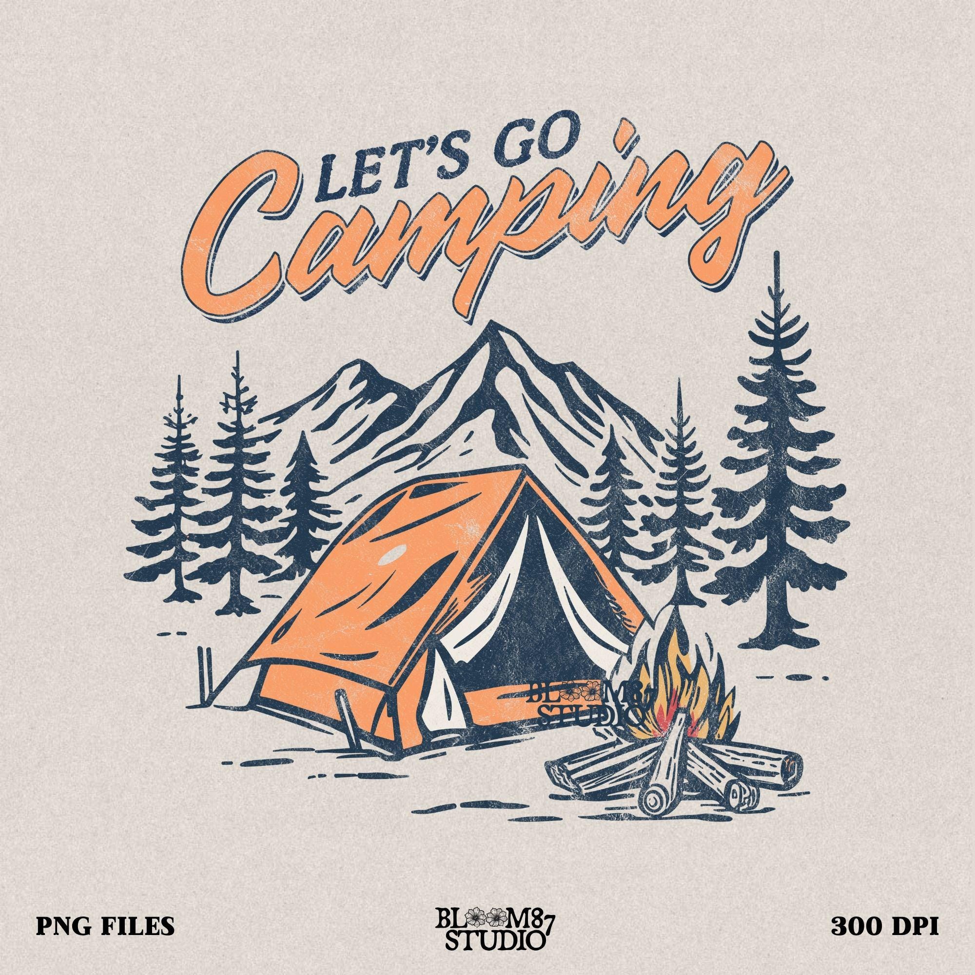 Let’s Go Camping PNG featuring a hand-drawn mountain tent, pine trees, and a cozy campfire, perfect for outdoor lovers.